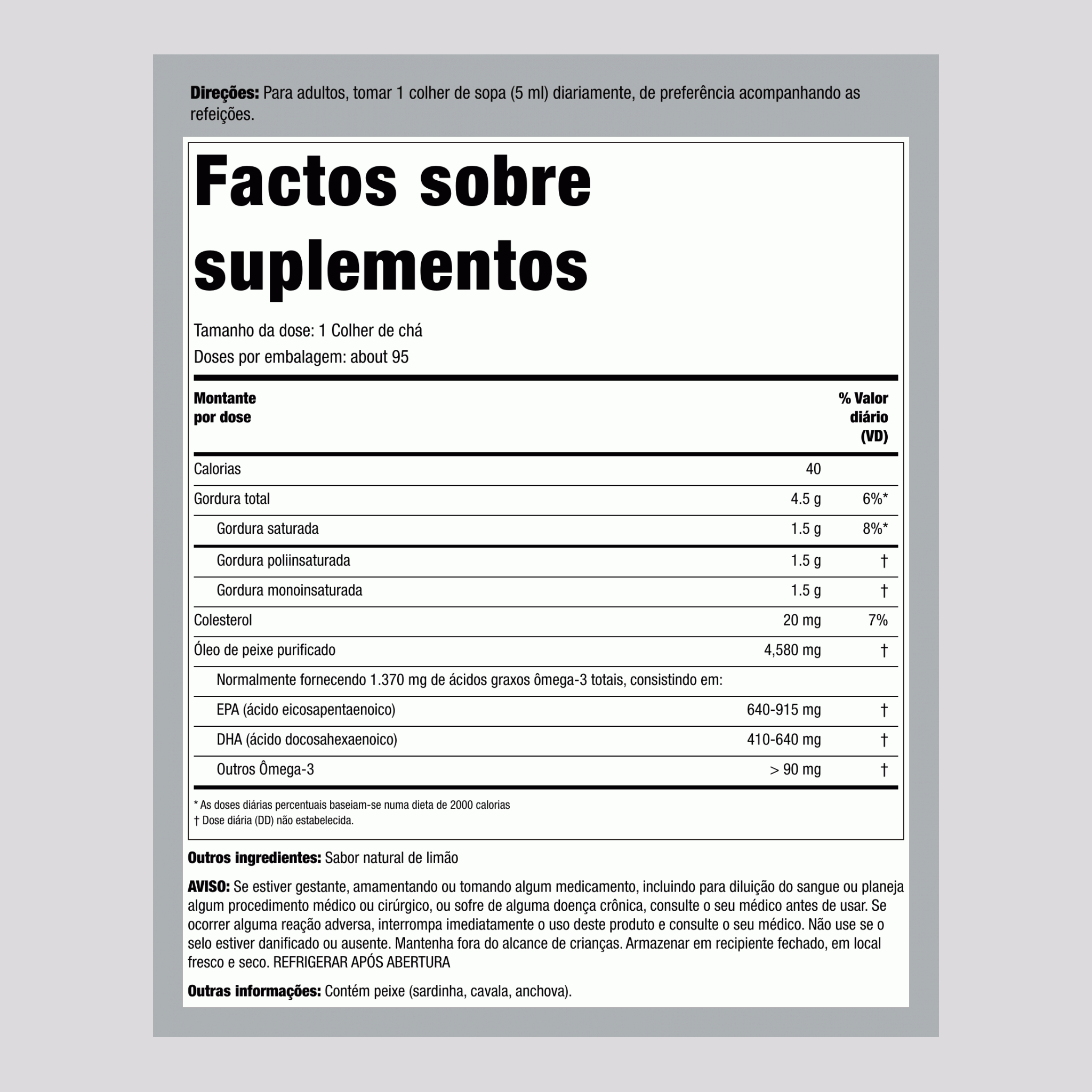 Ômega-3 Líquido (Limão Natural), 4580 mg (por porção), Frasco de 16 fl oz (473 mL), 2 Frascos