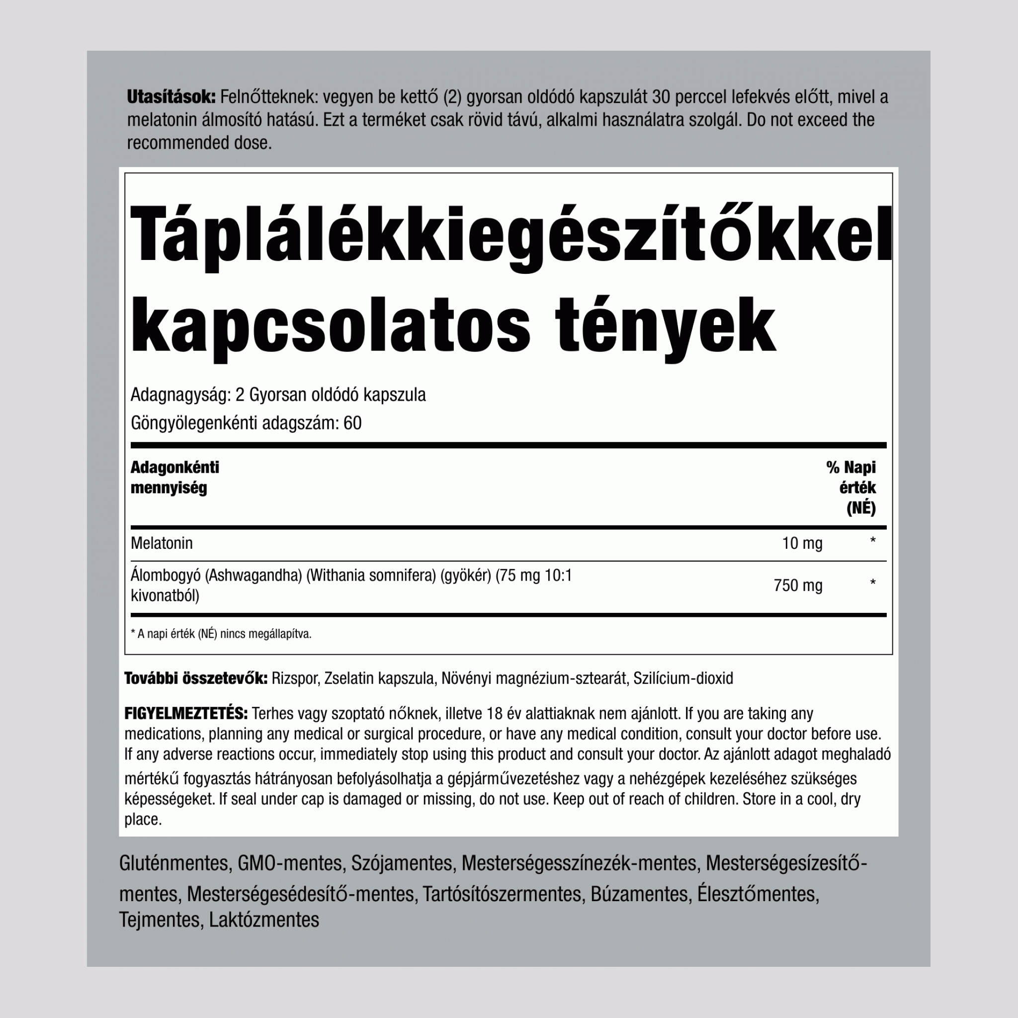 Melatonin Plus Ashwagandha,  10 mg (adagonként) 120 Gyorsan oldódó kapszula