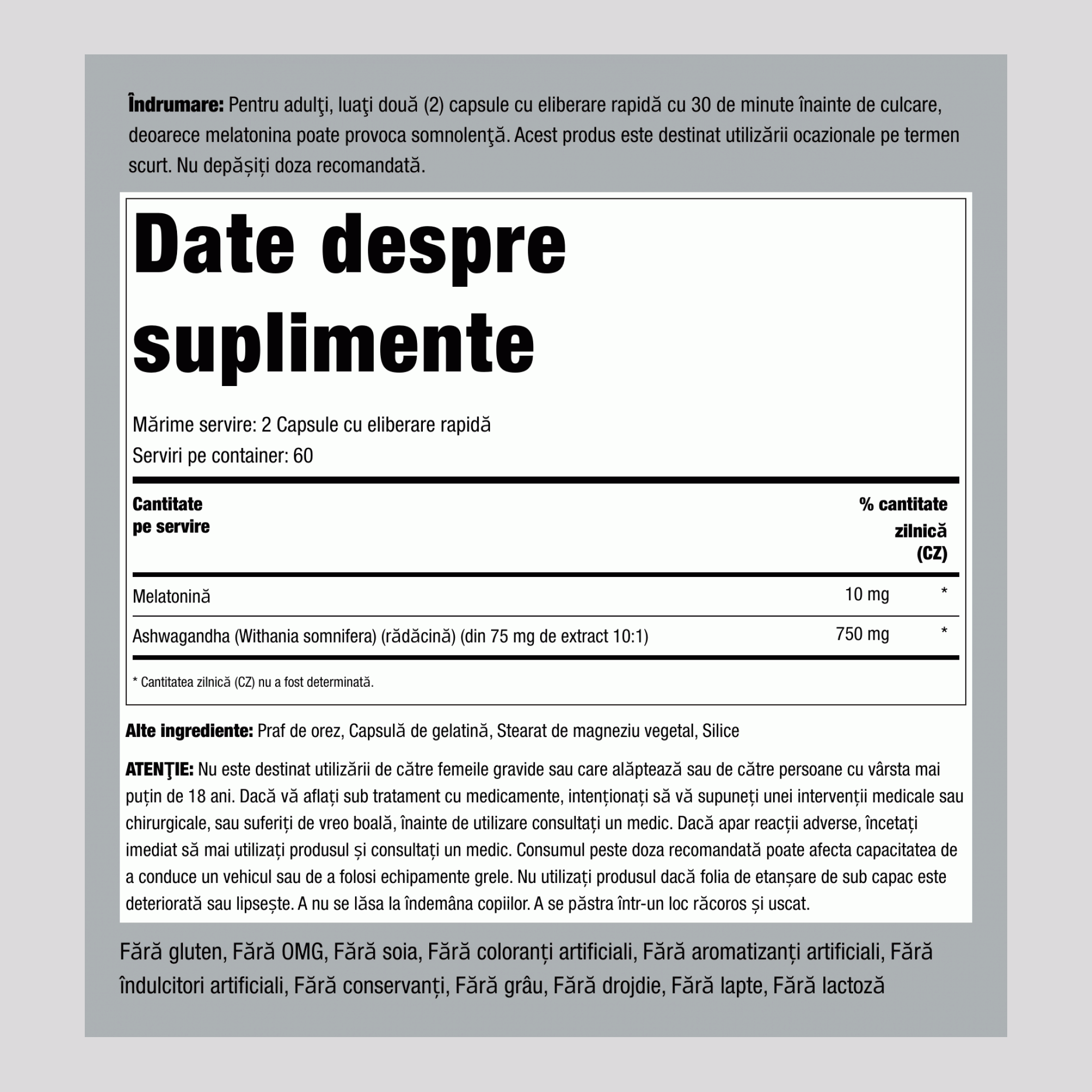 Melatonină Plus Ashwagandha,  10 mg (per porție) 120 Capsule cu eliberare rapidă