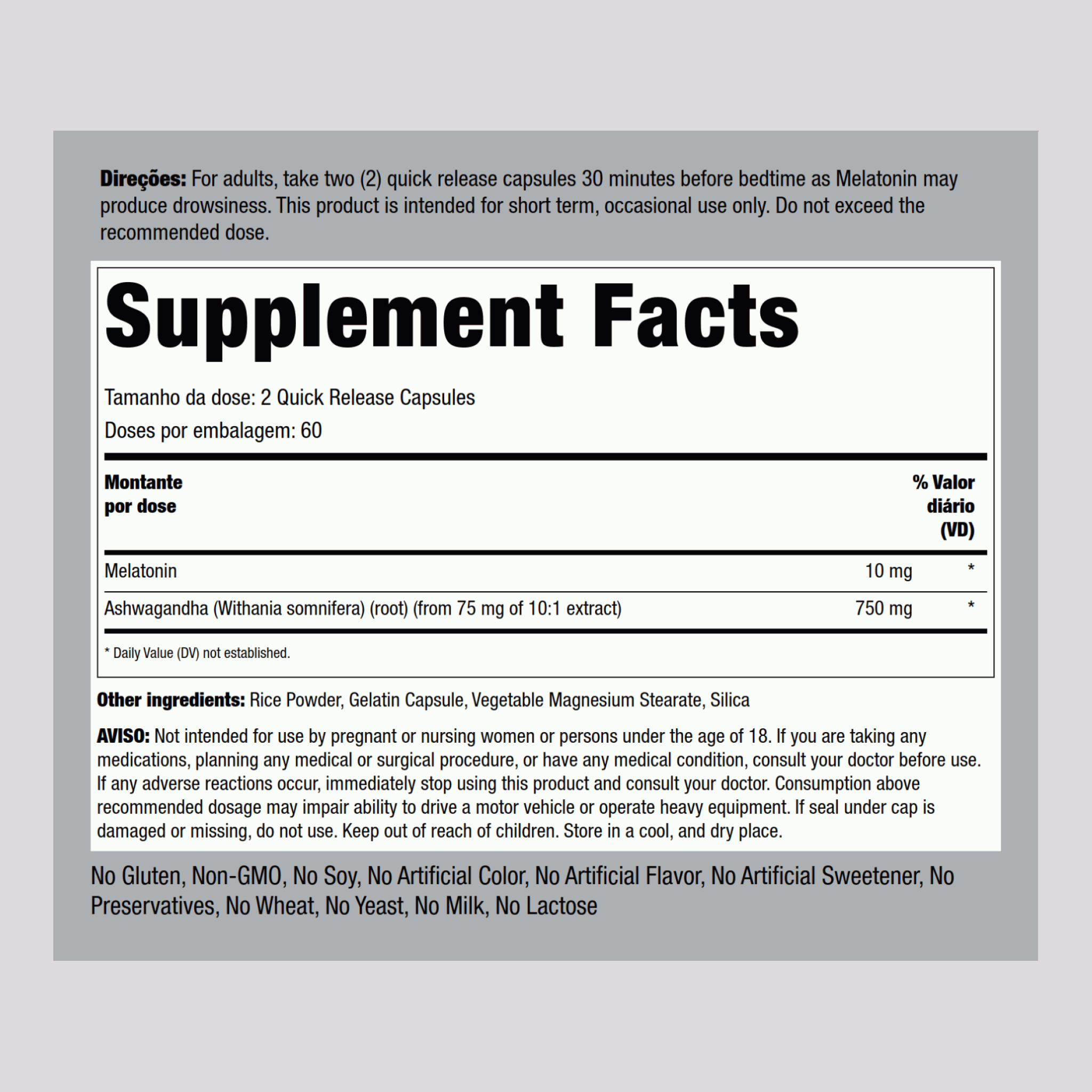 Mélatonine Plus Ashwagandha,  10 mg (par portion) 120 Gélules à libération rapide