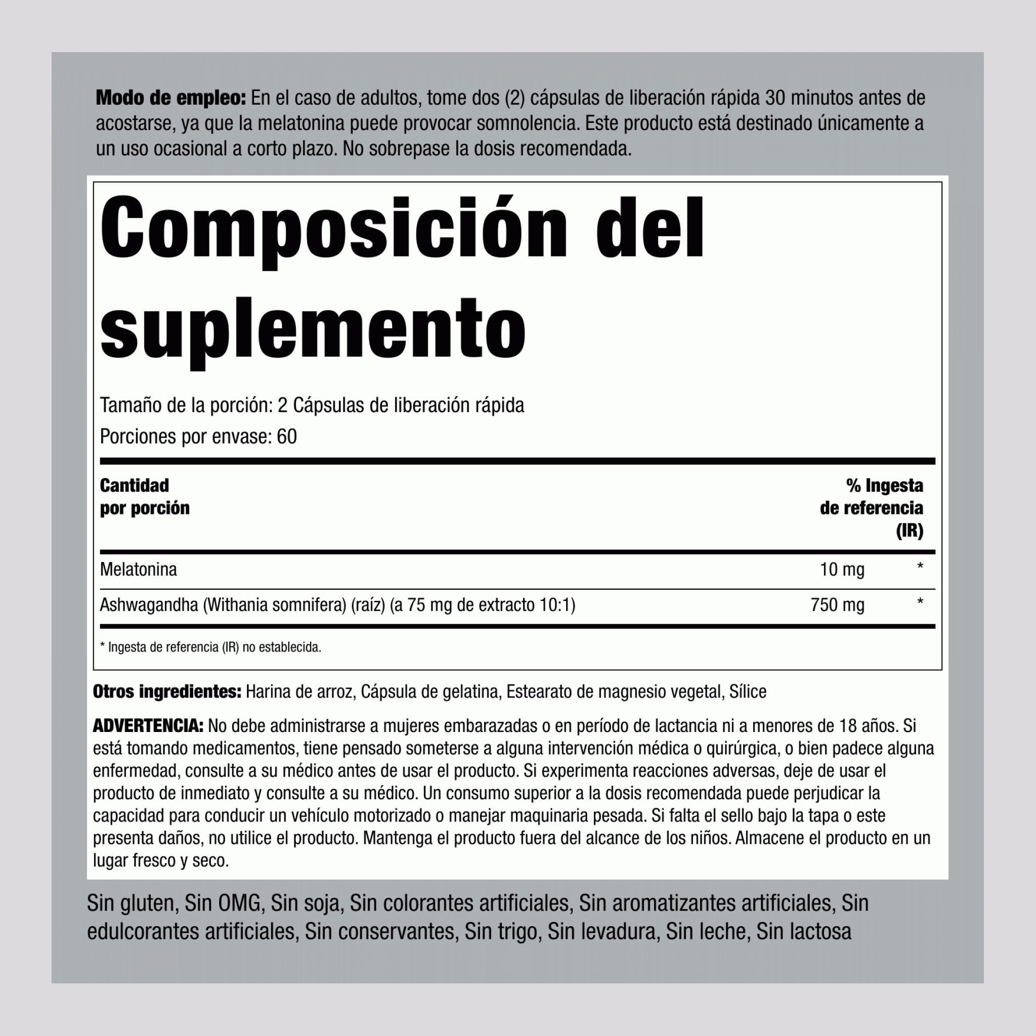 Melatonina y Ashwagandha 10 mg (por porción) 120 Cápsulas de liberación rápida 2 Botellas/Frascos   