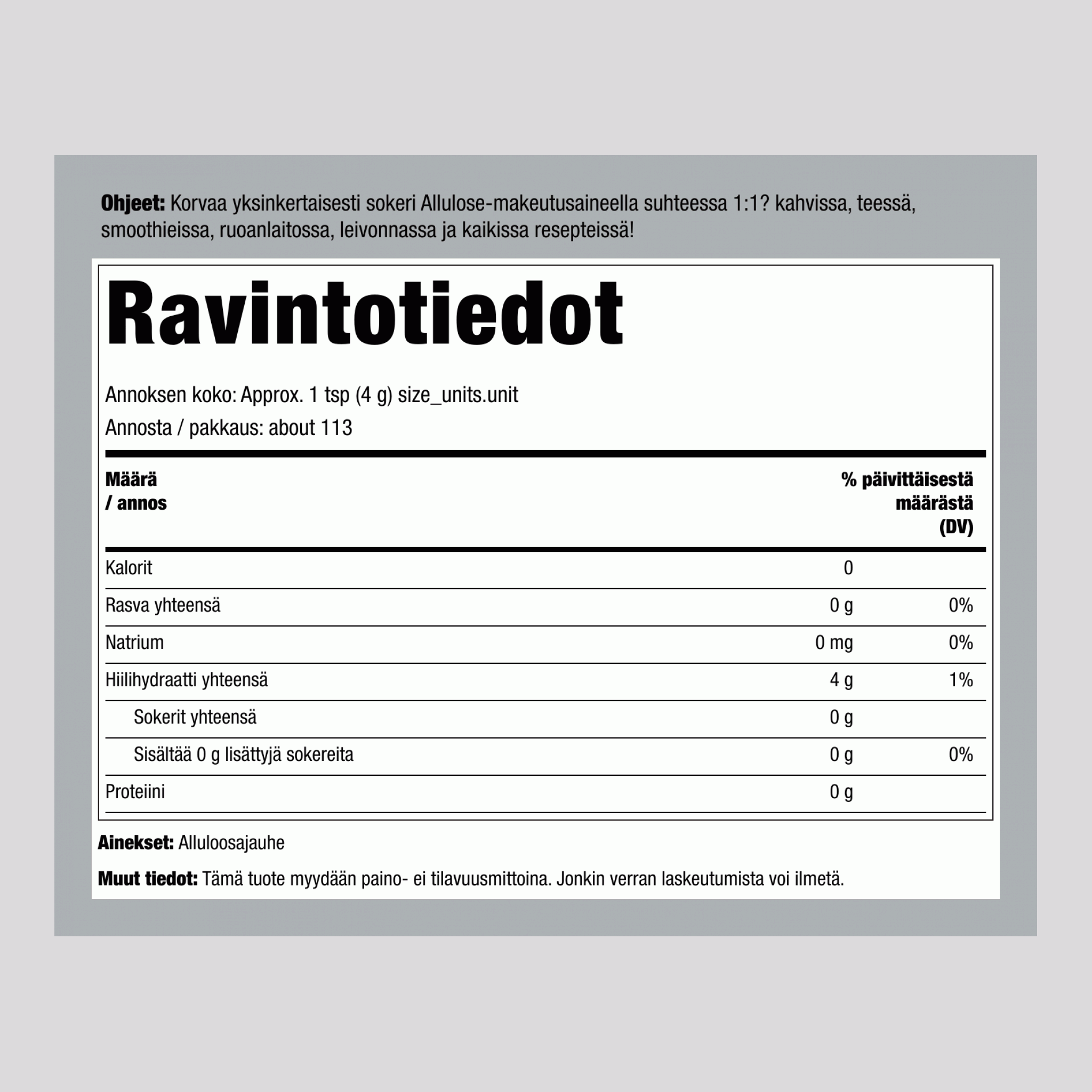 Kaloriton alluloosiraemakeutusaine 16 oz 454 g Pakkaus    