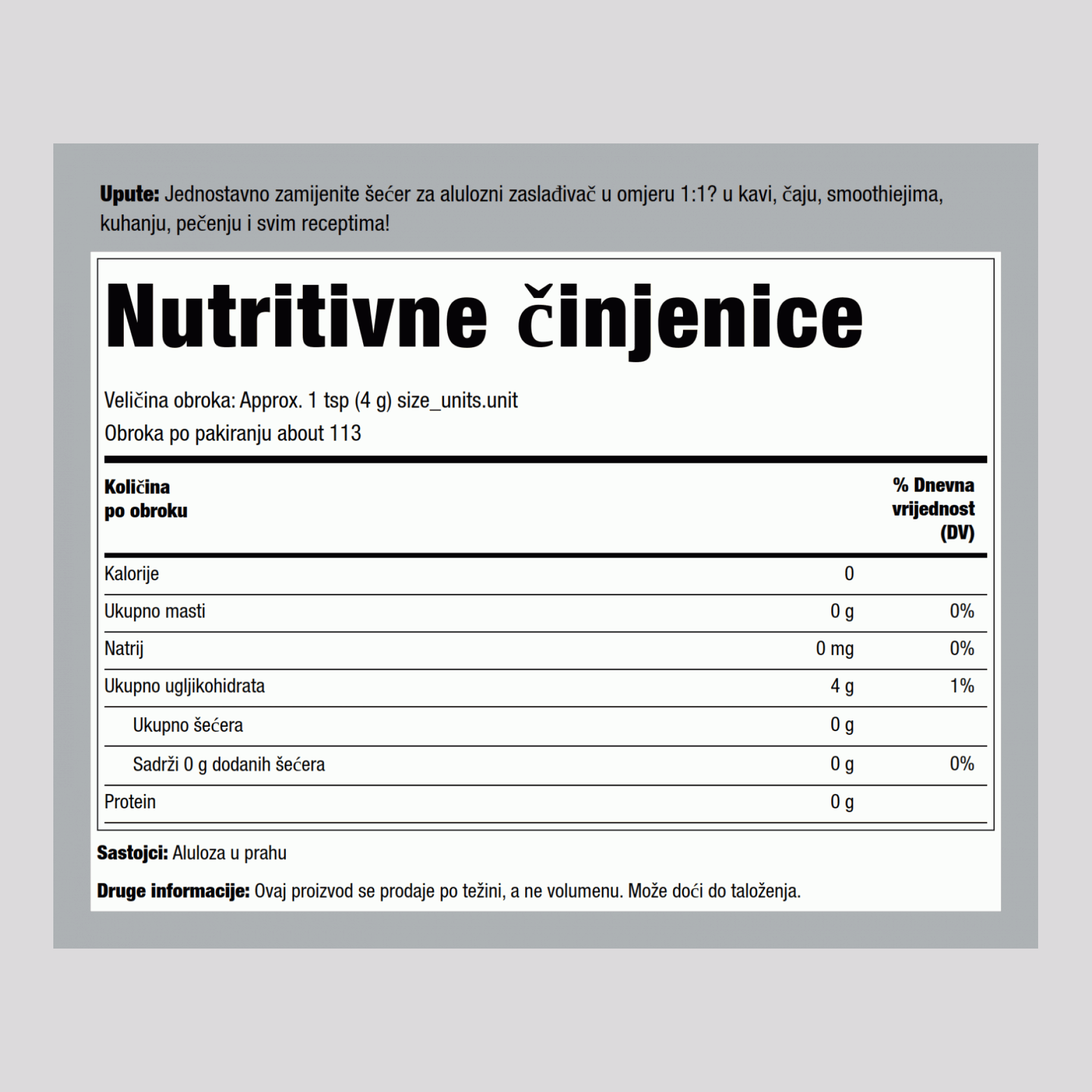 Aluloza granulirani zaslađivač bez kalorija  16 oz 454 g Pakiranje    