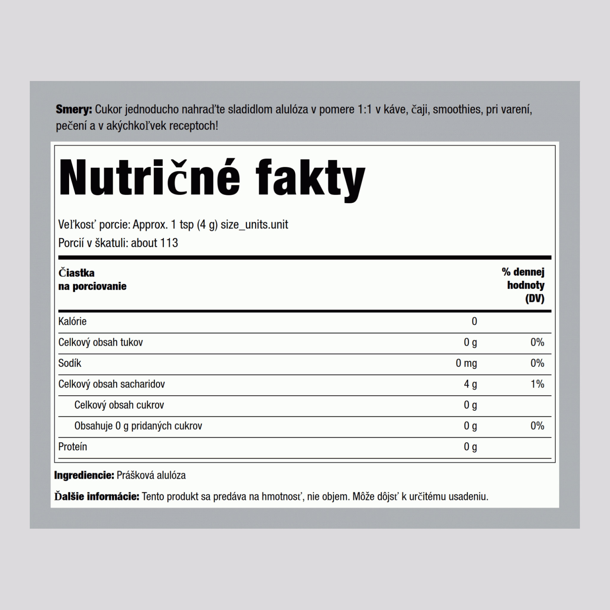 Allulózové granulované sladidlo s nulovým obsahom kalórií 16 oz 454 g Balenie    