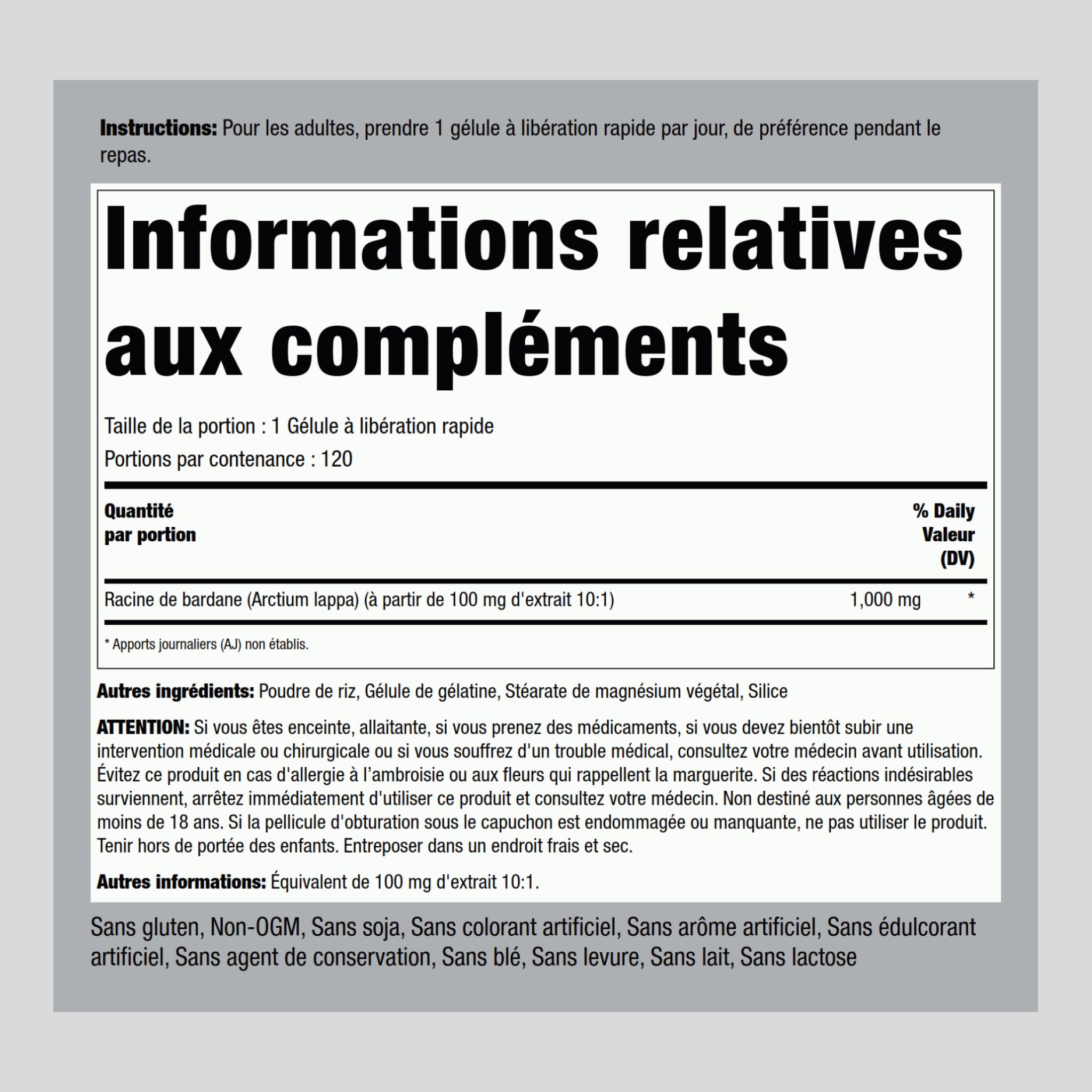 Racine de bardane  1000 mg 200 Gélules à libération rapide     