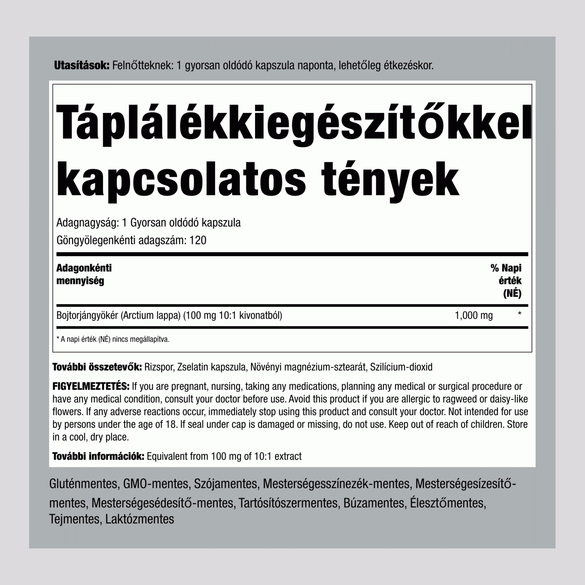 Bojtorjángyökér  1000 mg 120 Gyorsan oldódó kapszula 2 Palackok   