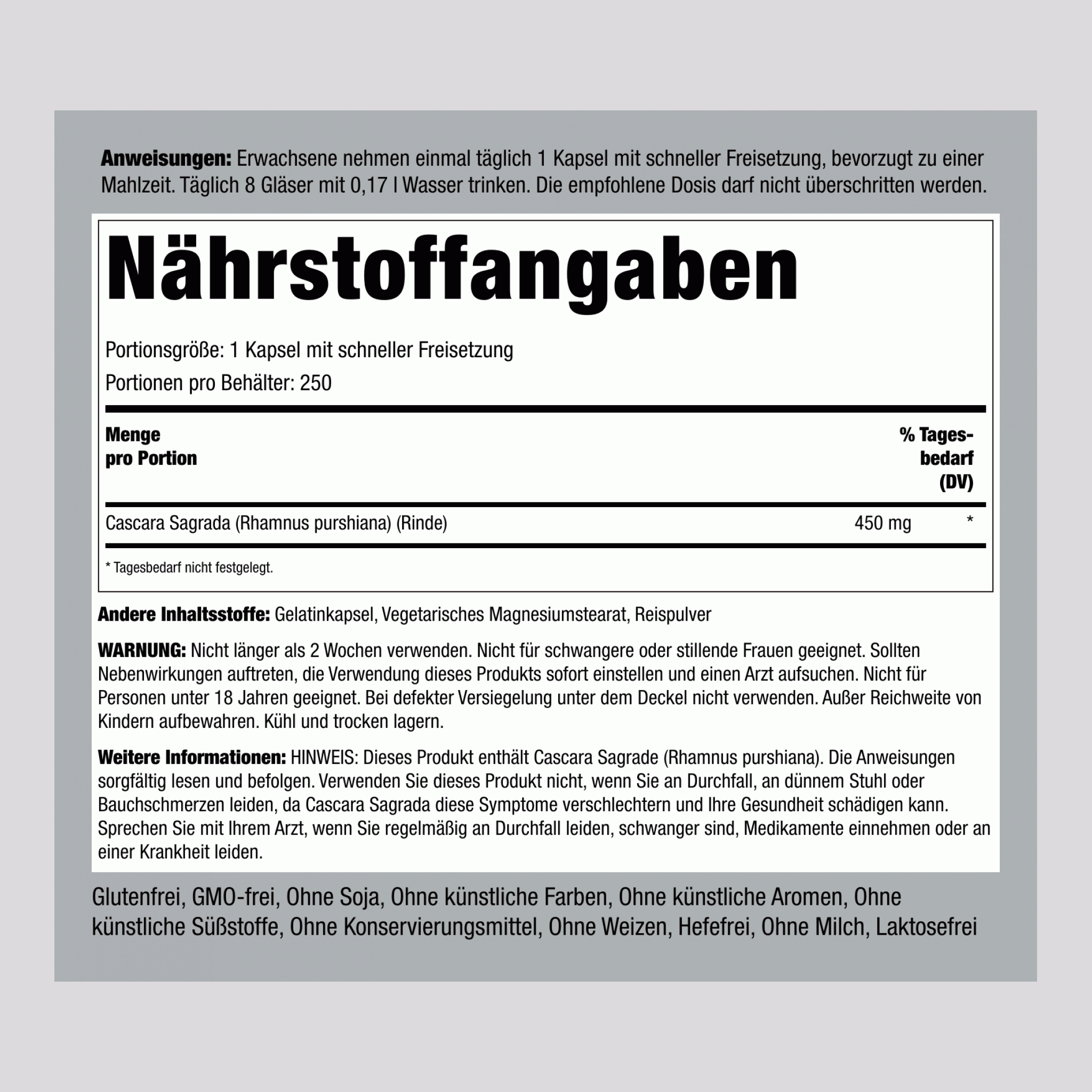 Cascara sagrada  450 mg 250 Kapseln mit schneller Freisetzung     