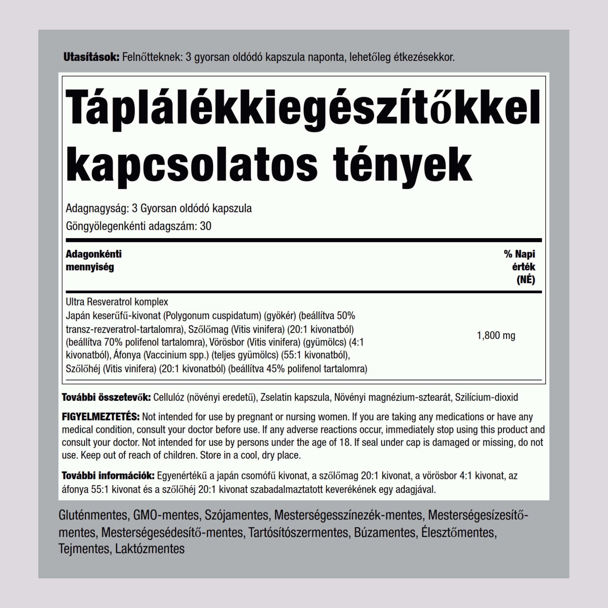 Resvératrol 1800 mg (par portion) 90 Comprimés à dissolution rapide 2 Bouteilles   