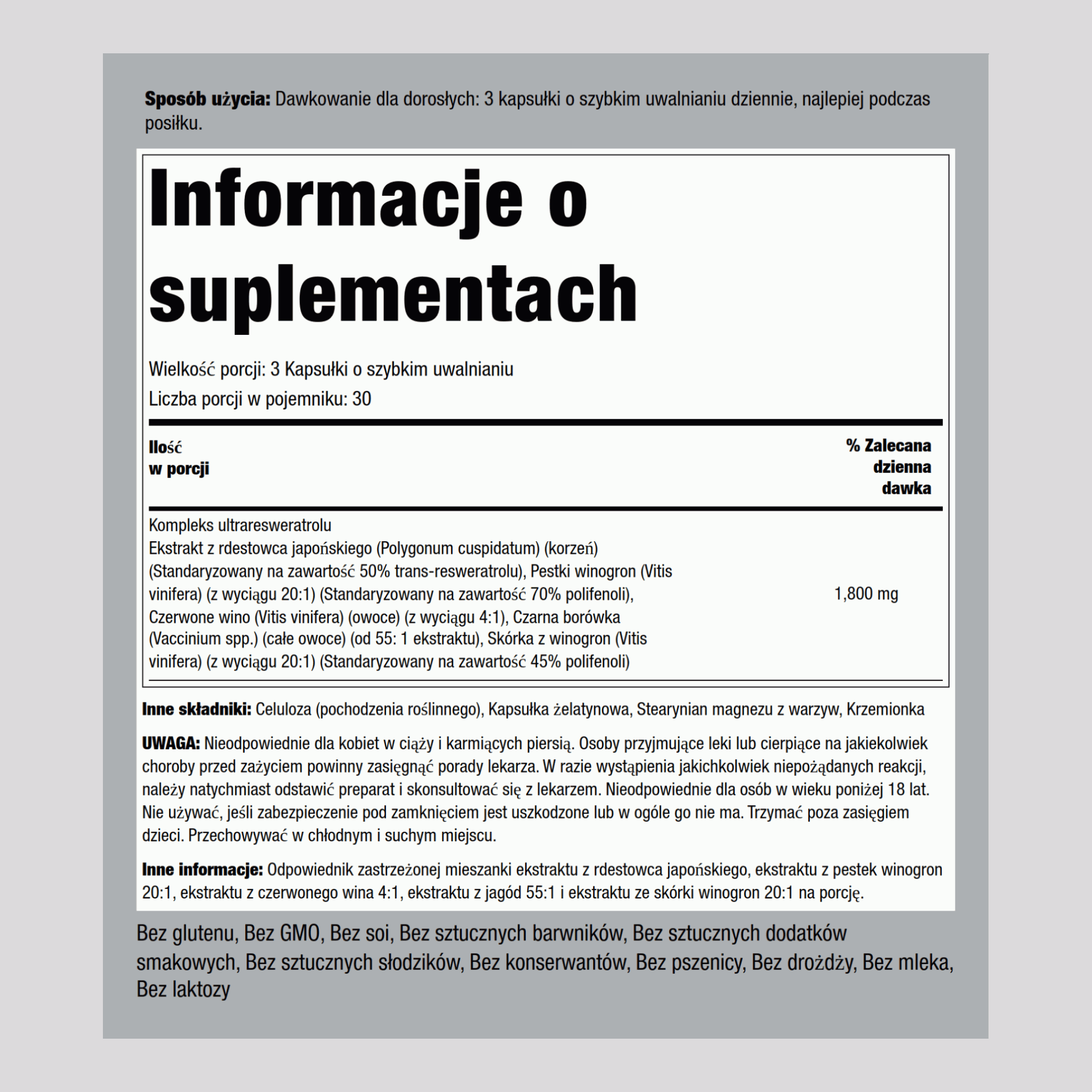 Resweratrol  1800 mg (na porcję) 90 Kapsułki o szybkim uwalnianiu 2 Butelki   