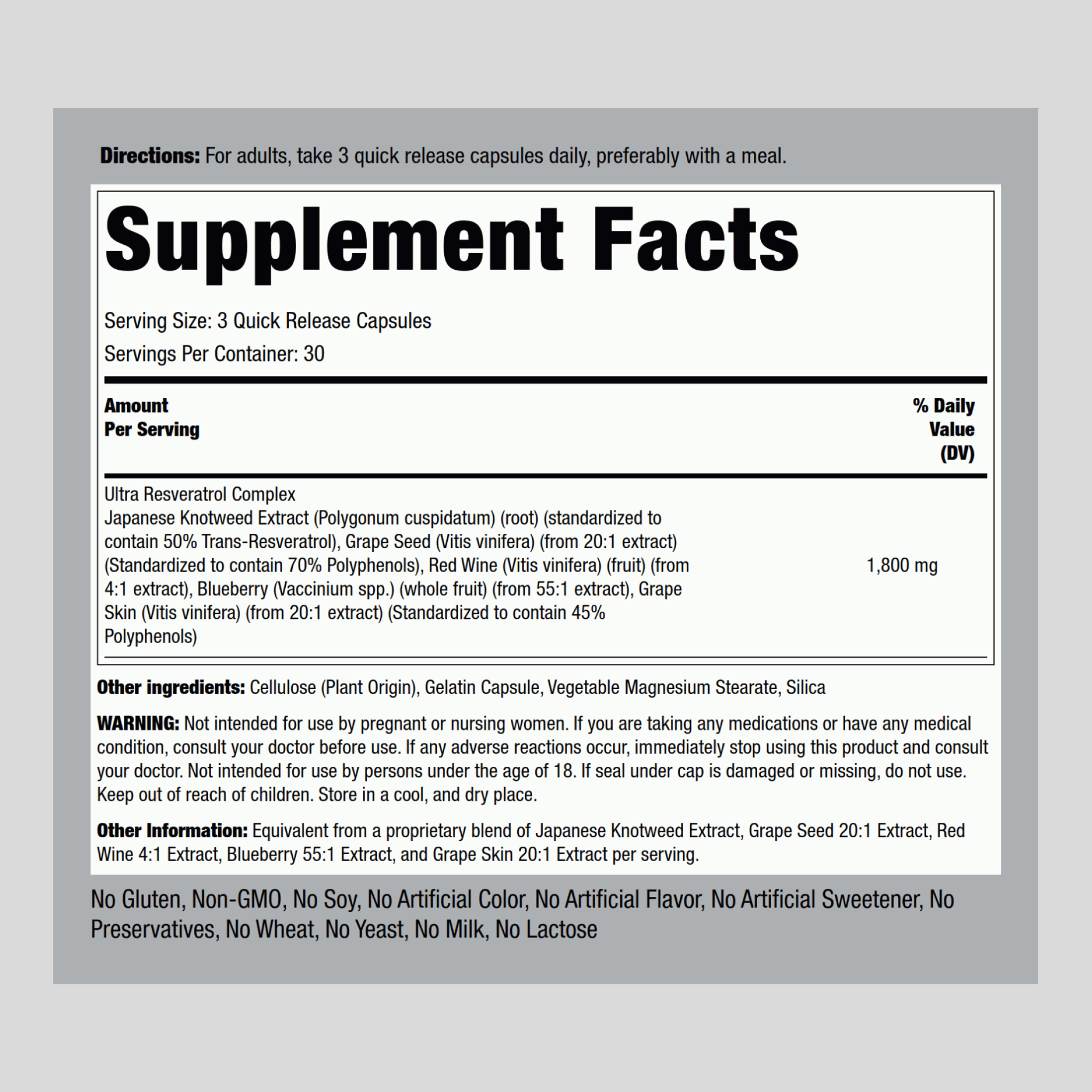 Resvératrol 1800 mg (par portion) 90 Comprimés à dissolution rapide 2 Bouteilles   