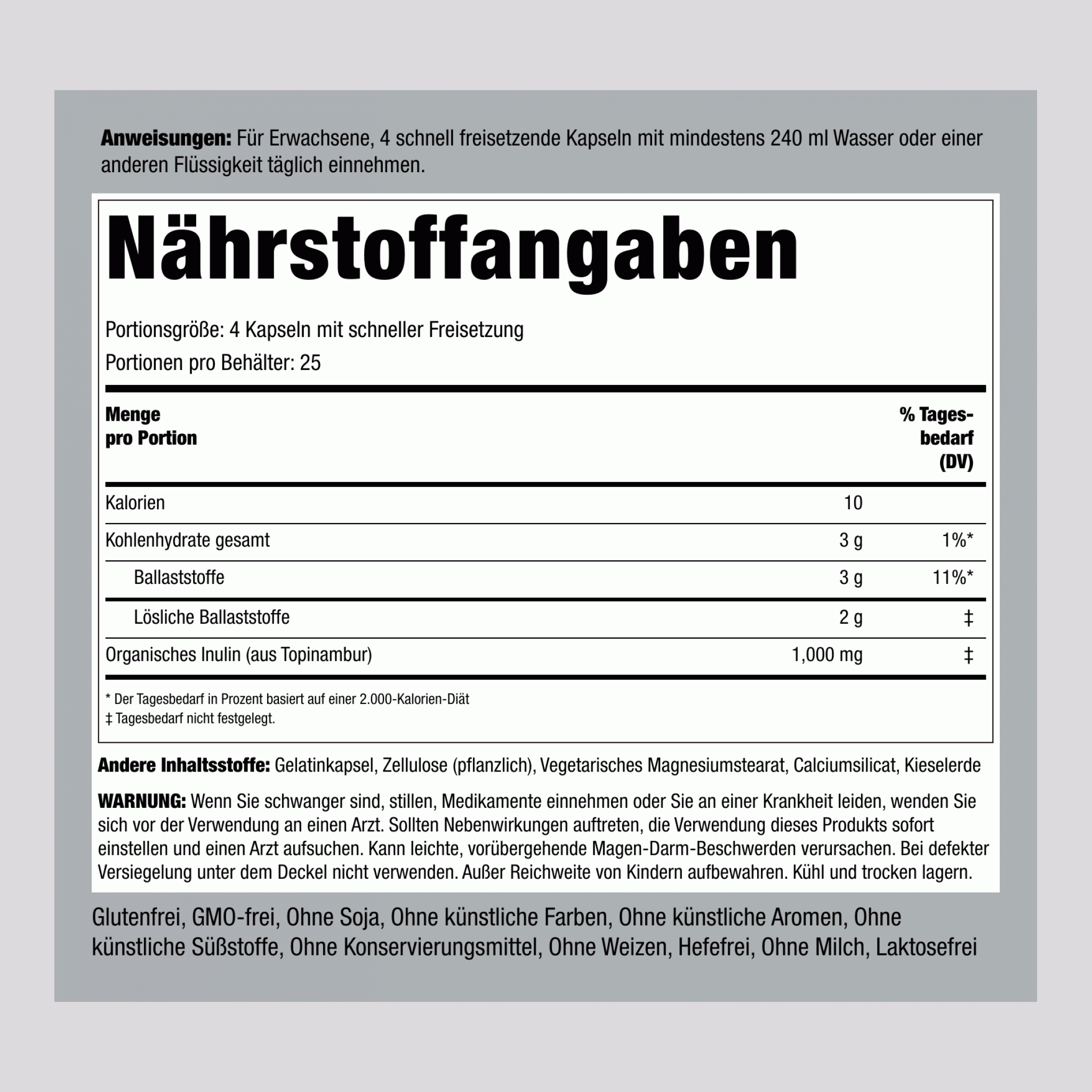 Inulin 1000 mg (pro Portion) 100 Kapseln mit schneller Freisetzung