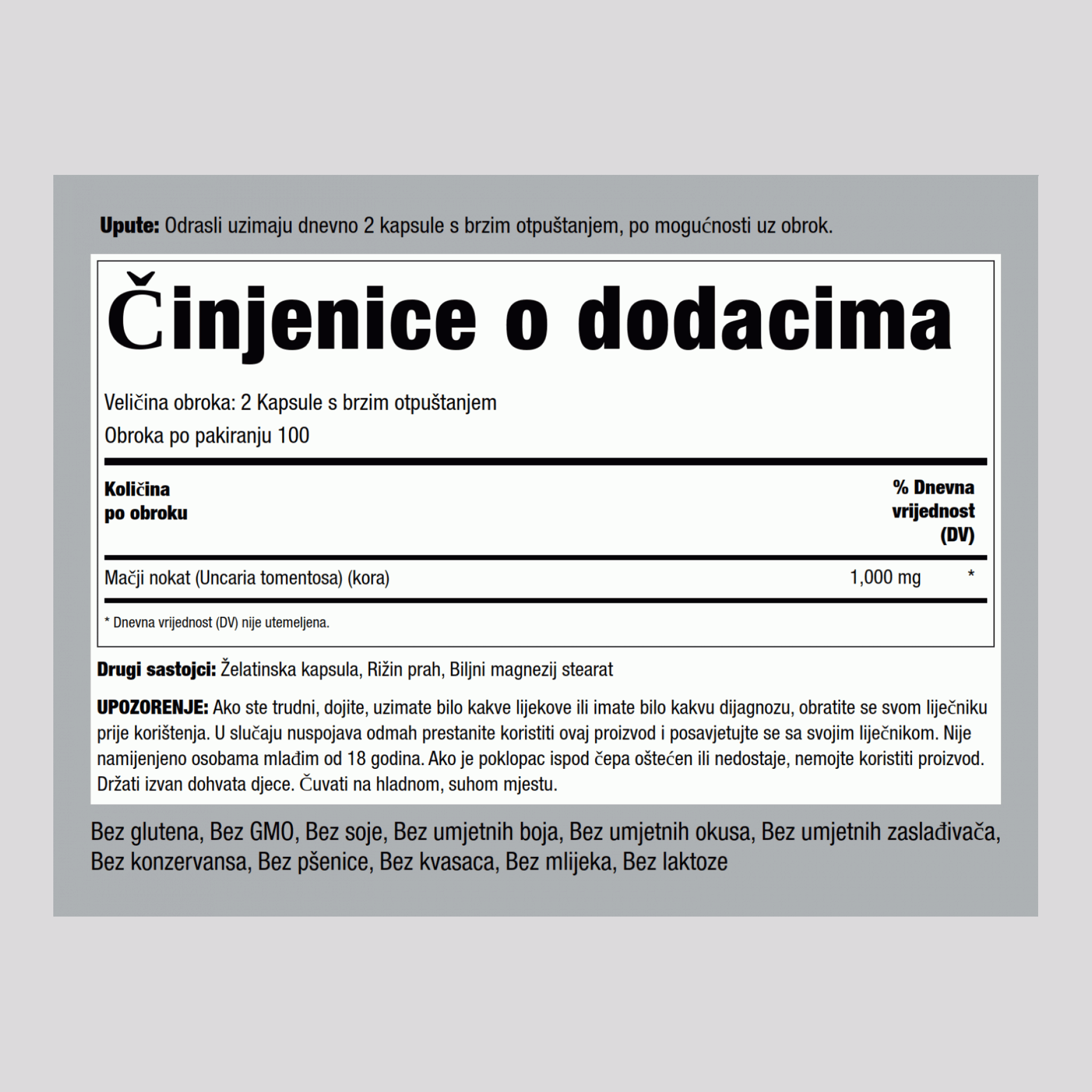 Mačja kandža (Una De Gato) 1000 mg (po obroku) 200 Kapsule s brzim otpuštanjem     