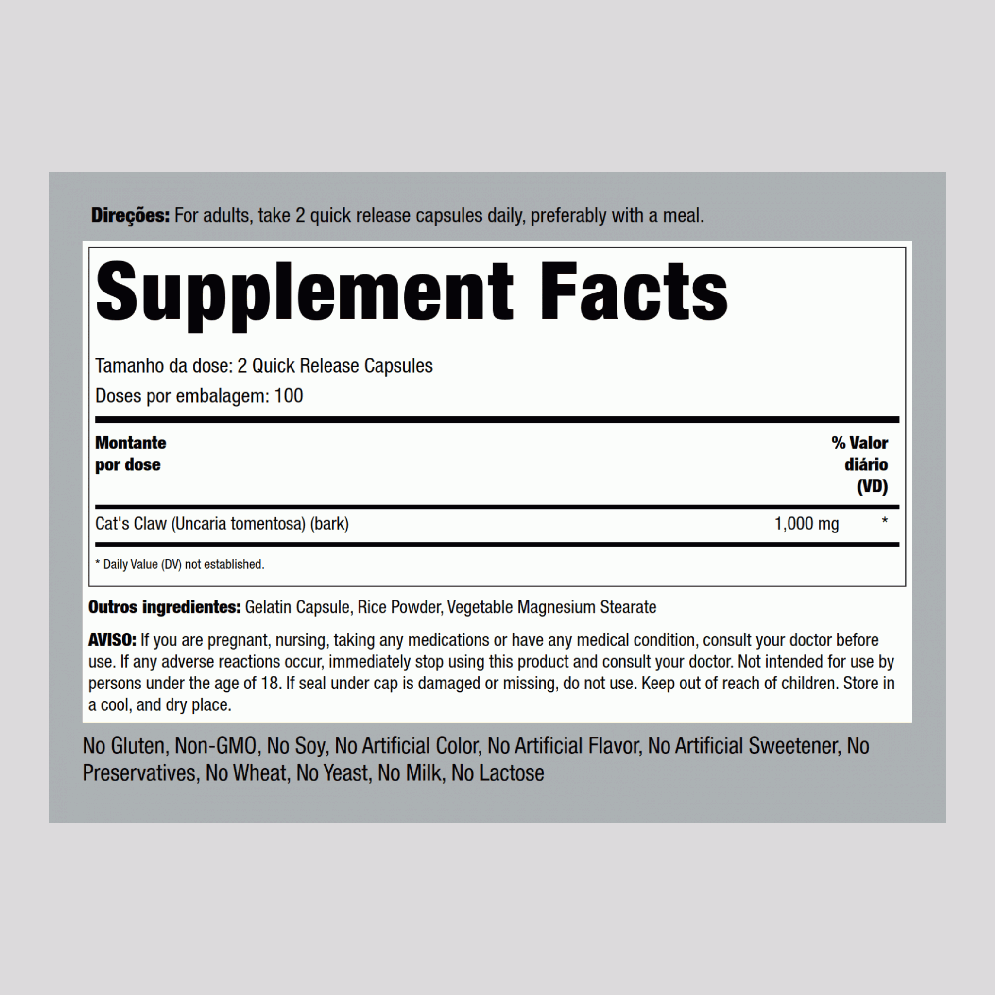 Unha-de-gato  1000 mg (por dose) 200 Cápsulas de Rápida Absorção     