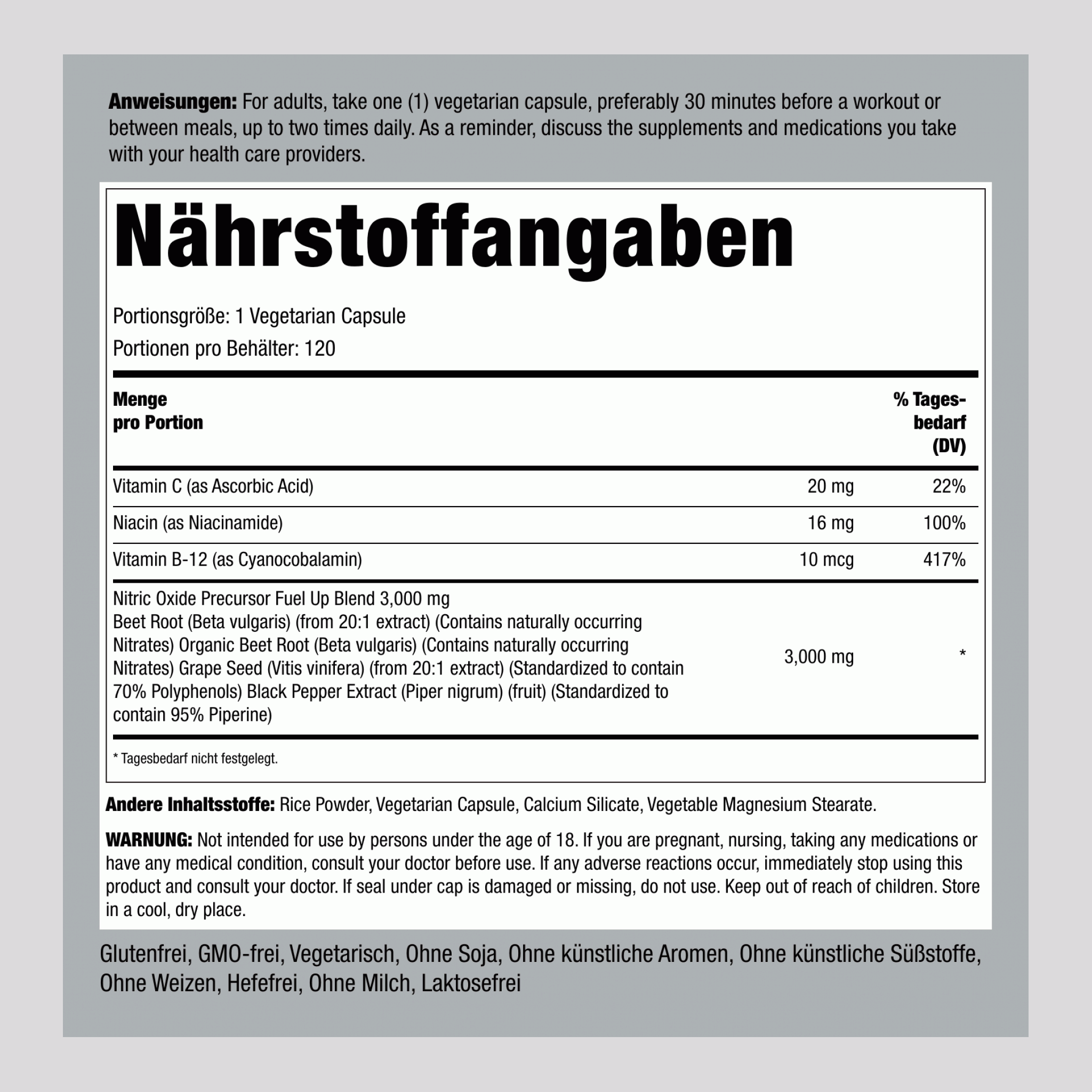 Stickstoffmonoxid BeetFit Pro, 120 Vegetarische Kapseln