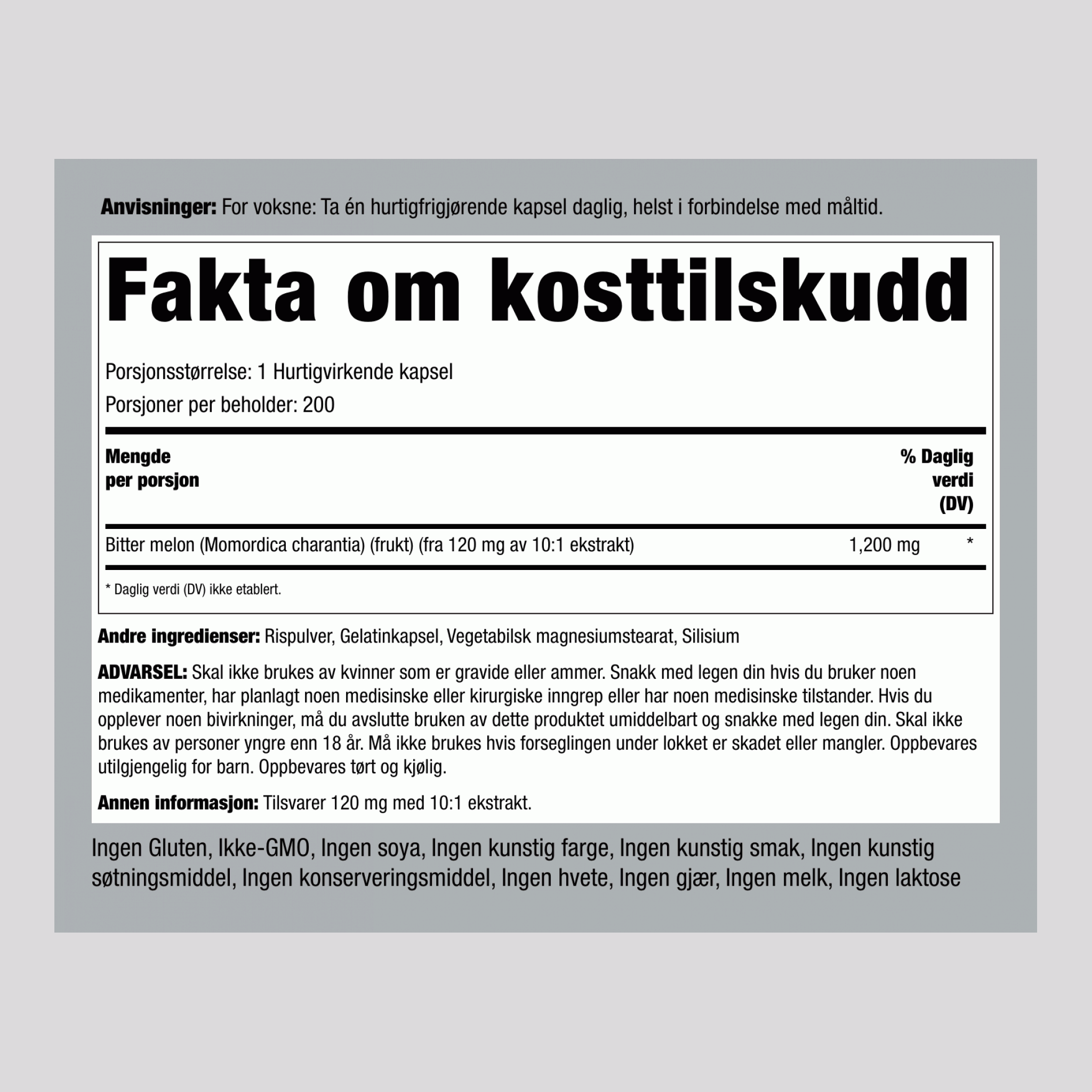 Bitter Melon / Momordica  1200 mg 200 Hurtigvirkende kapsler 2 Flasker  