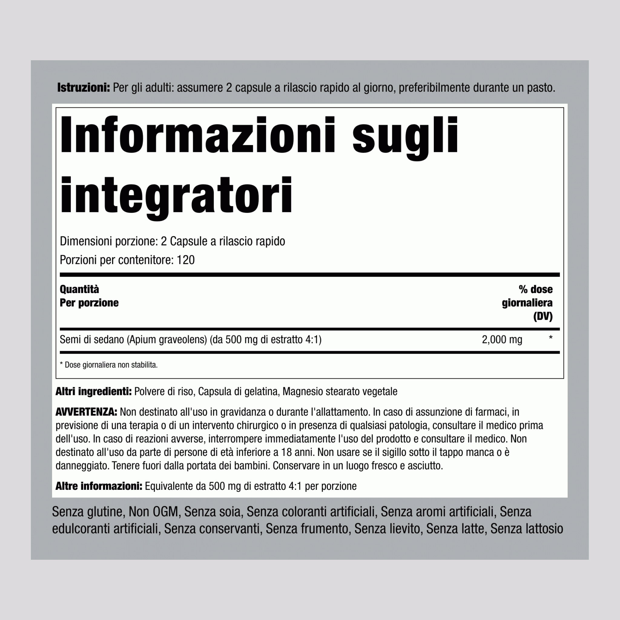 Semi di sedano 2000 mg (per dose) 240 Capsule a rilascio rapido ,2 Bottiglie   