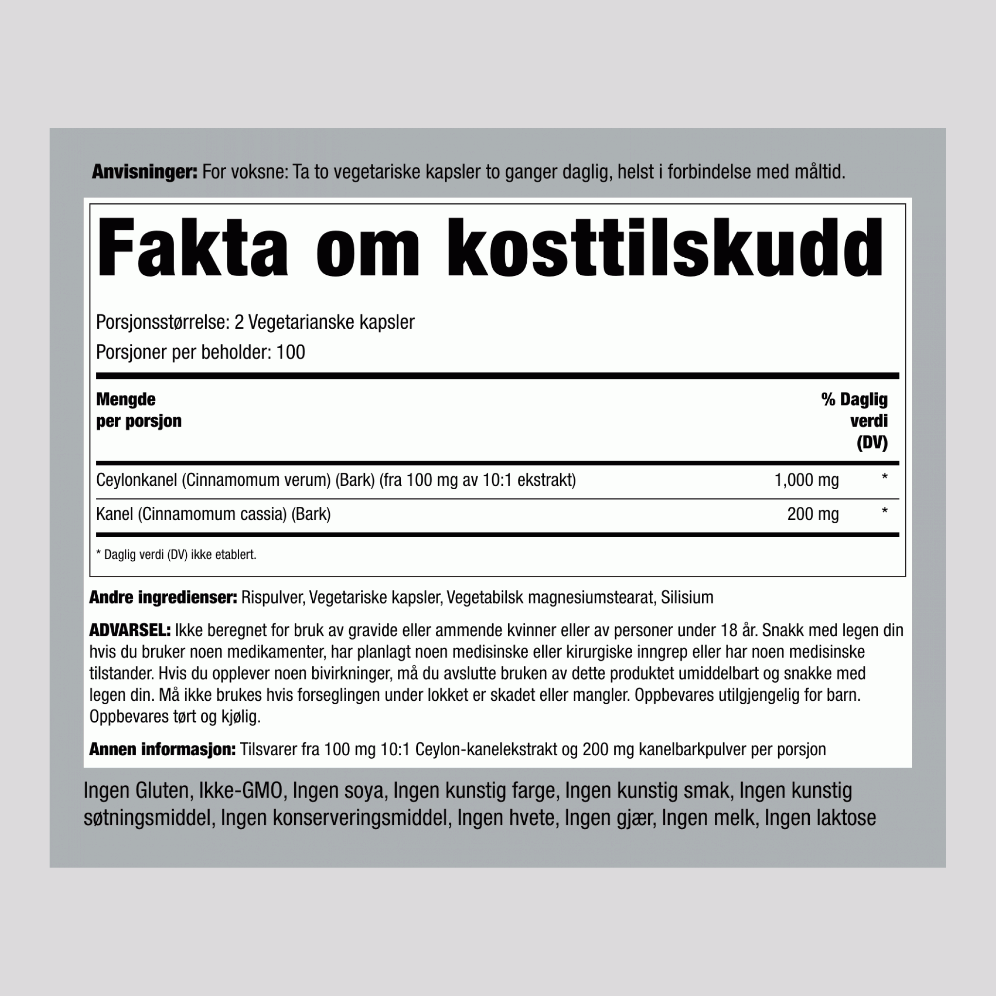 Total Spectrum Kanel  1200 mg (per dose) 200 Vegetarianske kapsler     