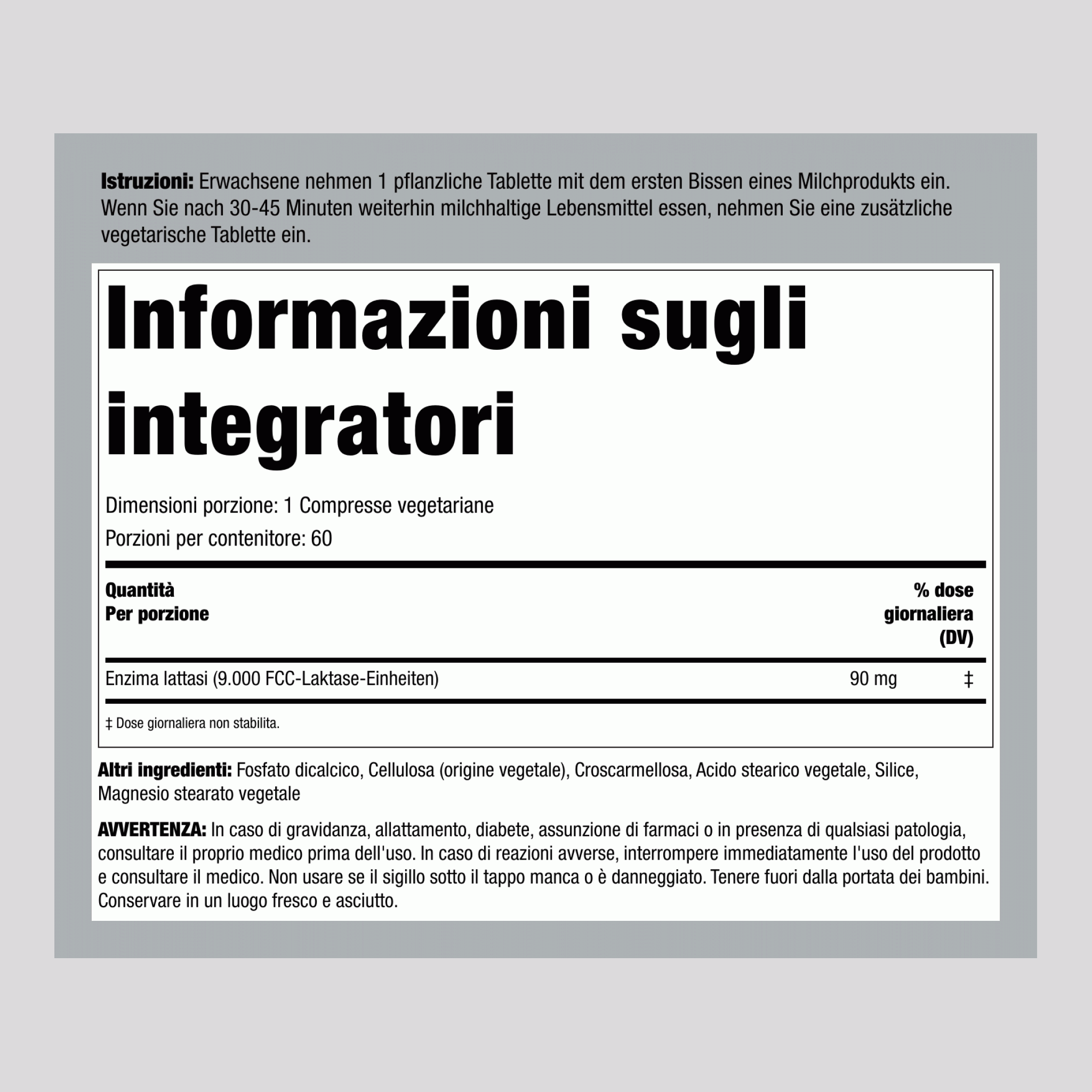Super enzima digestivo - Enzima lattasi 9000 unità di FCC 60 Compresse vegetariane   