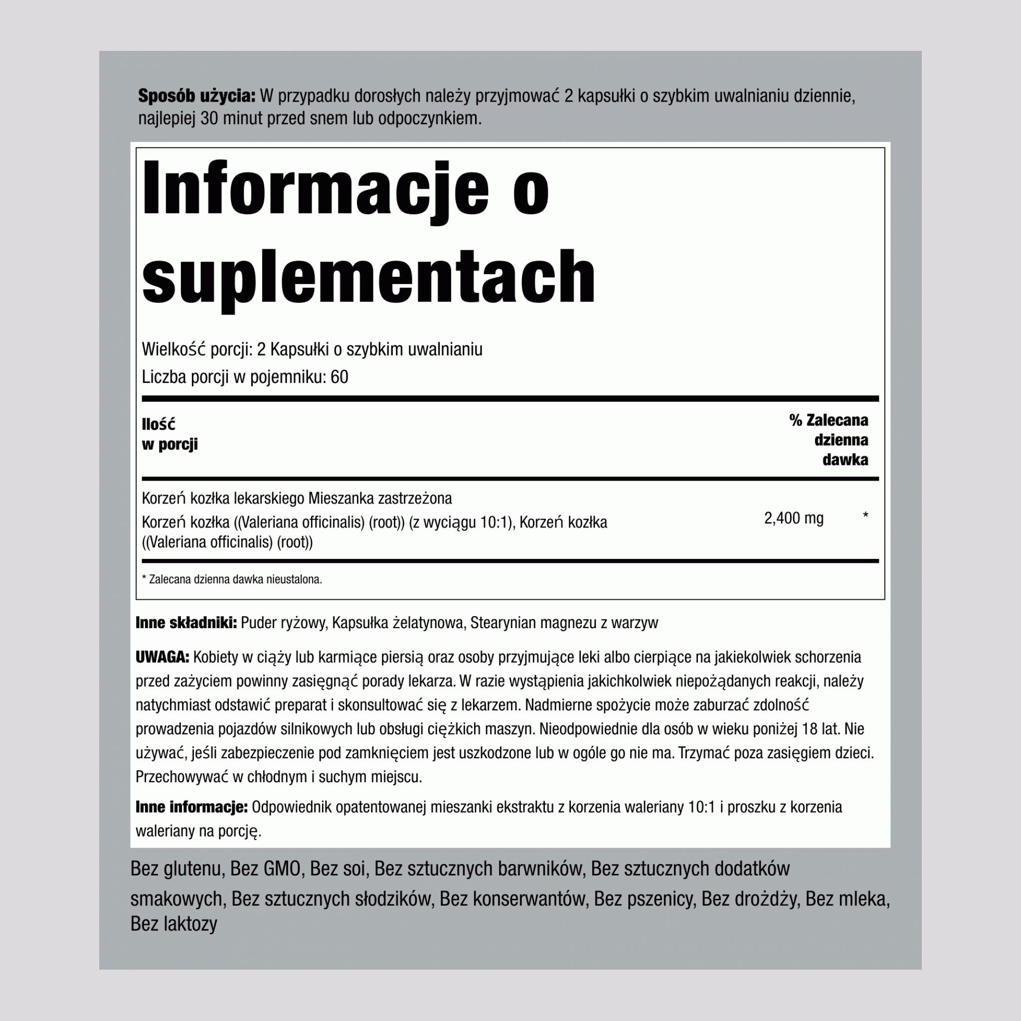 Korzeń kozłka lekarskiego  2400 mg 120 Kapsułki o szybkim uwalnianiu     