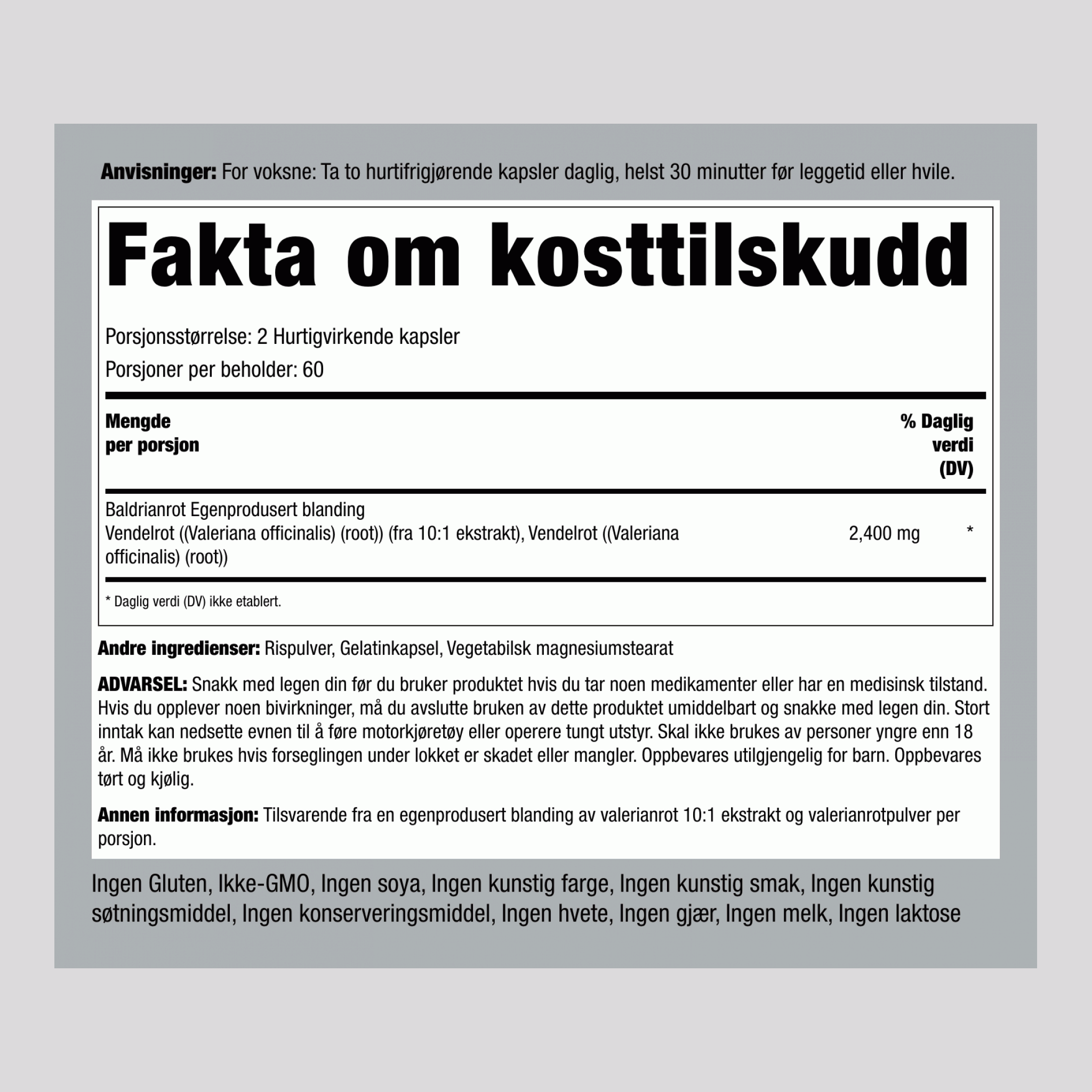 Baldrianrot ,  2400 mg 120 Hurtigvirkende kapsler 2 Flasker