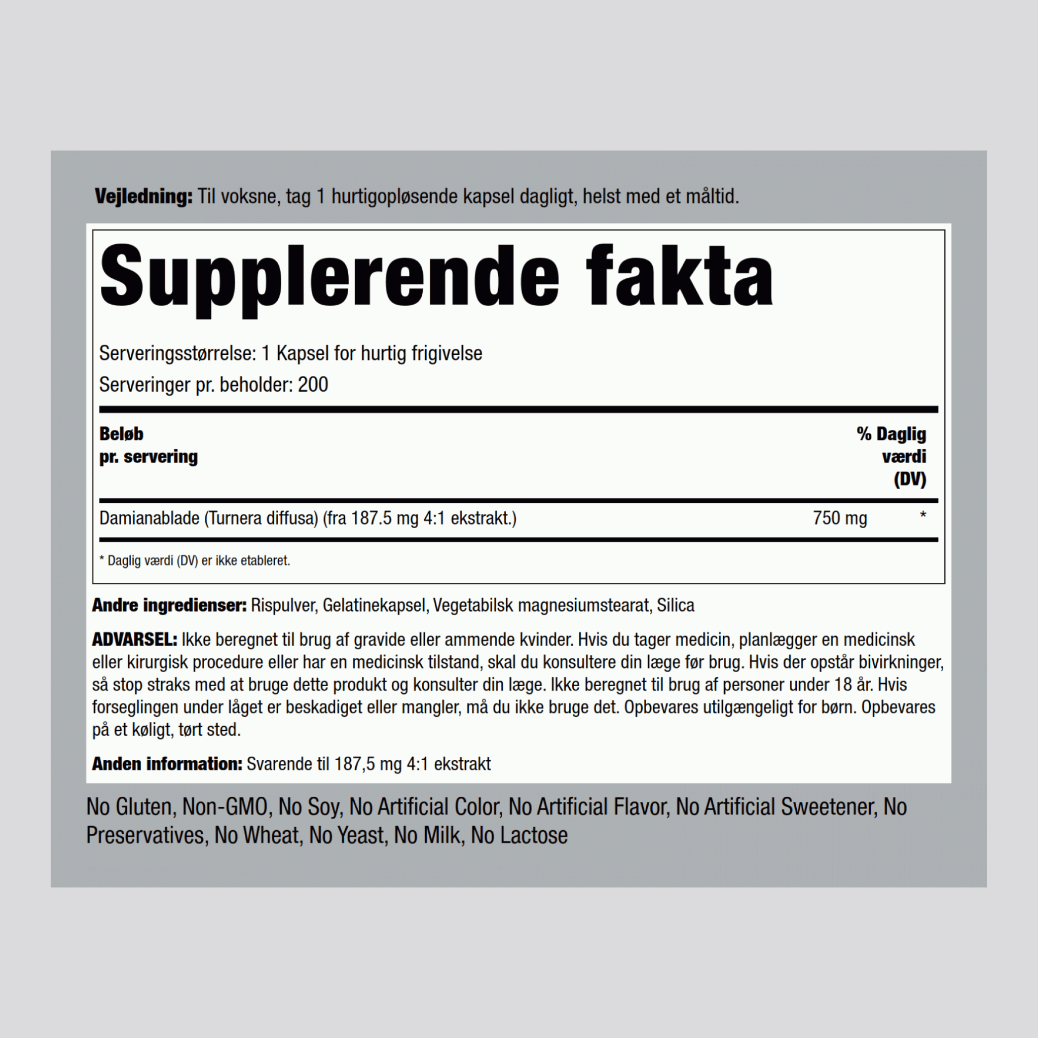 Damiana-blade  750 mg 200 Kapsler for hurtig frigivelse     