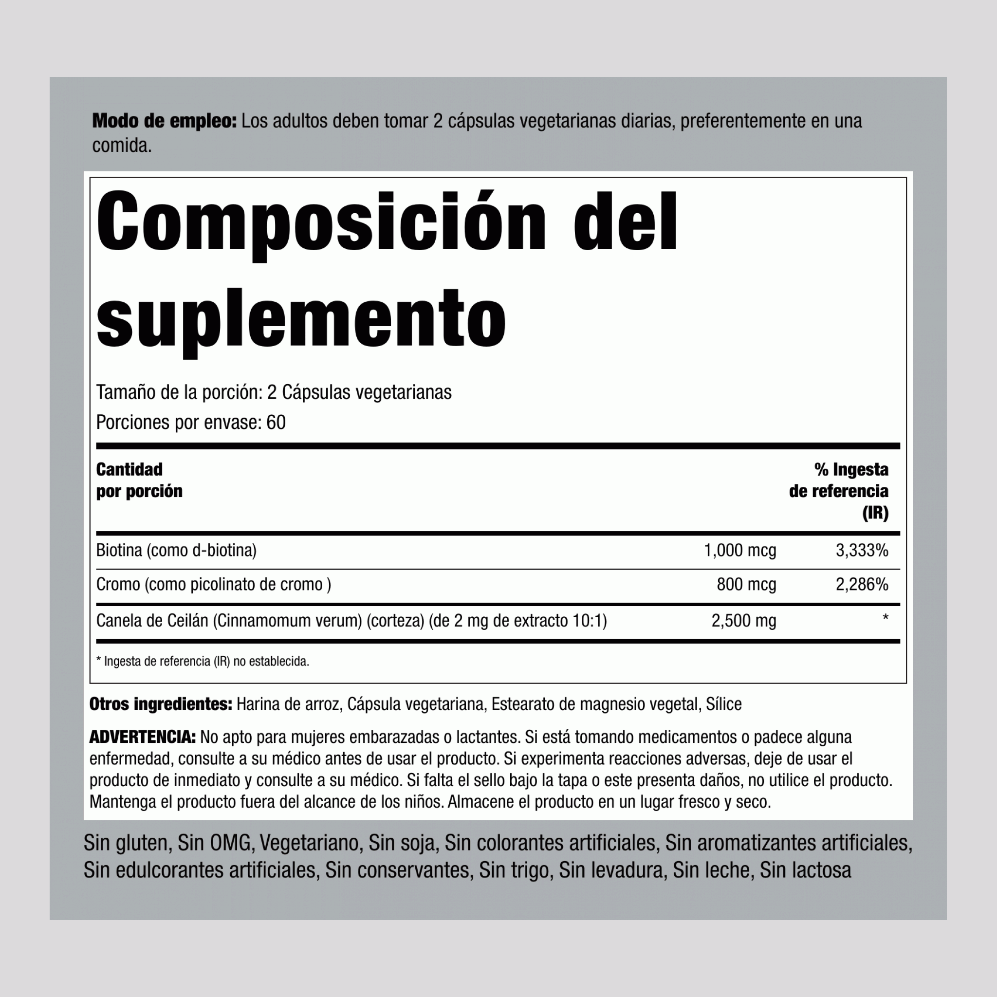 Complexo Super Canela de Ceilão c/ Cromo e Biotina, 2500 mg (por porção), 120 Cápsulas Vegetarianas
