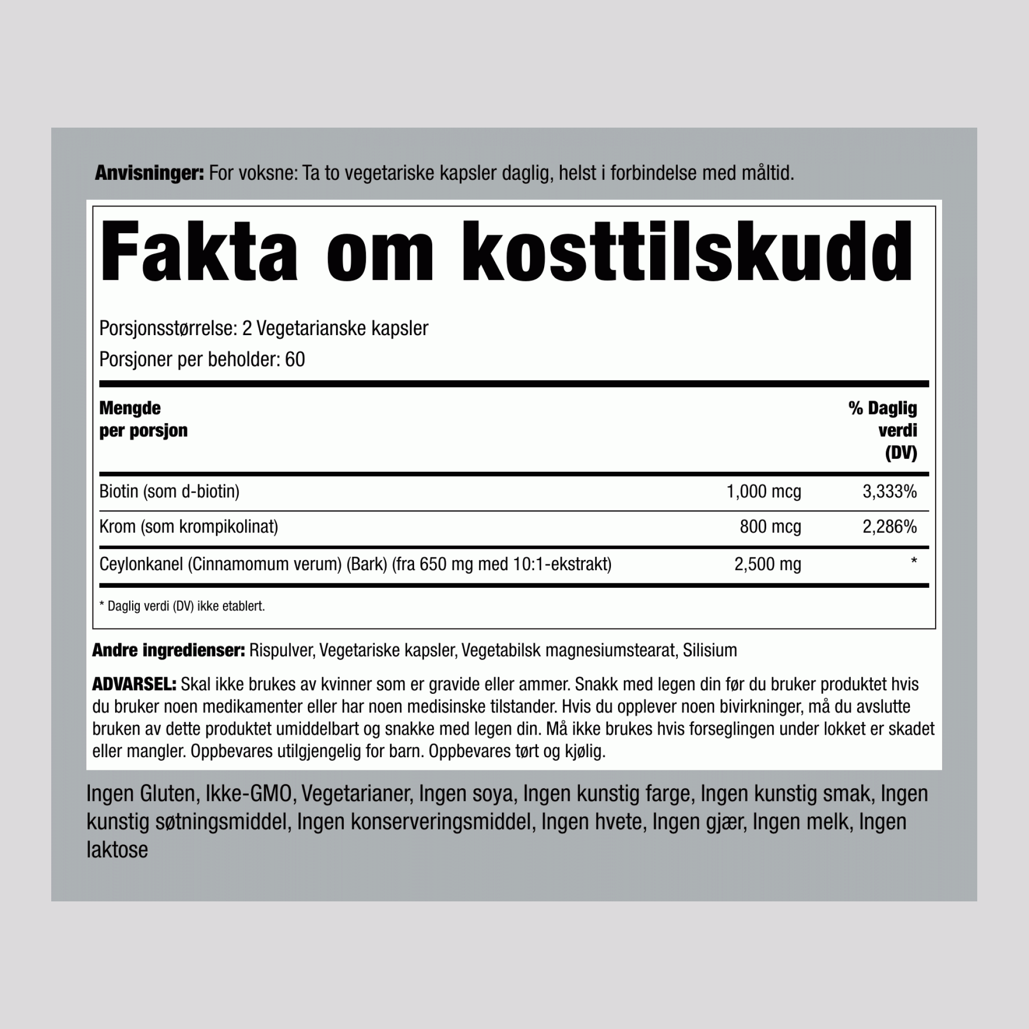 Super Ceylon Kanelkompleks med Krom & Biotin, 2500 mg (per porsjon), 120 Vegetariske Kapsler