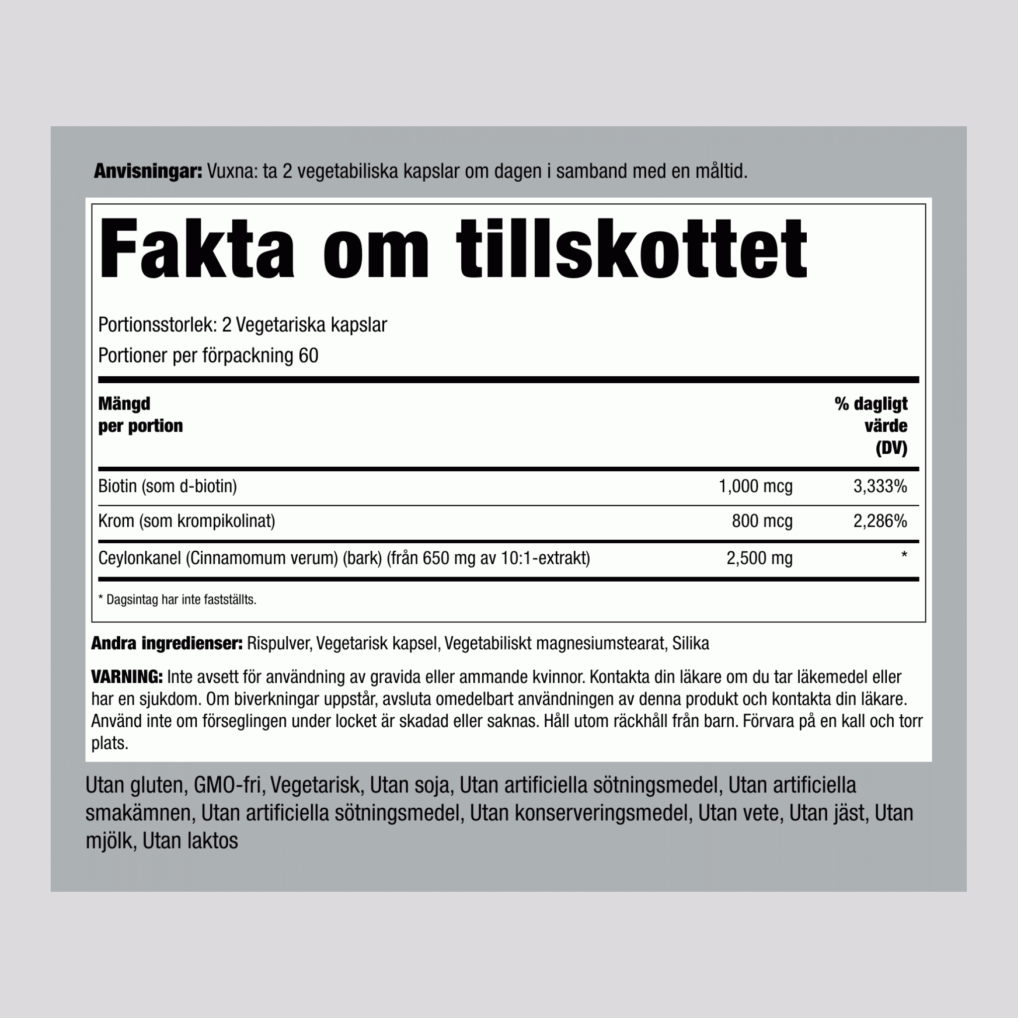 Super Ceylon Kanelkomplex med Krom & Biotin, 2500 mg (per portion), 120 Vegetariska Kapslar