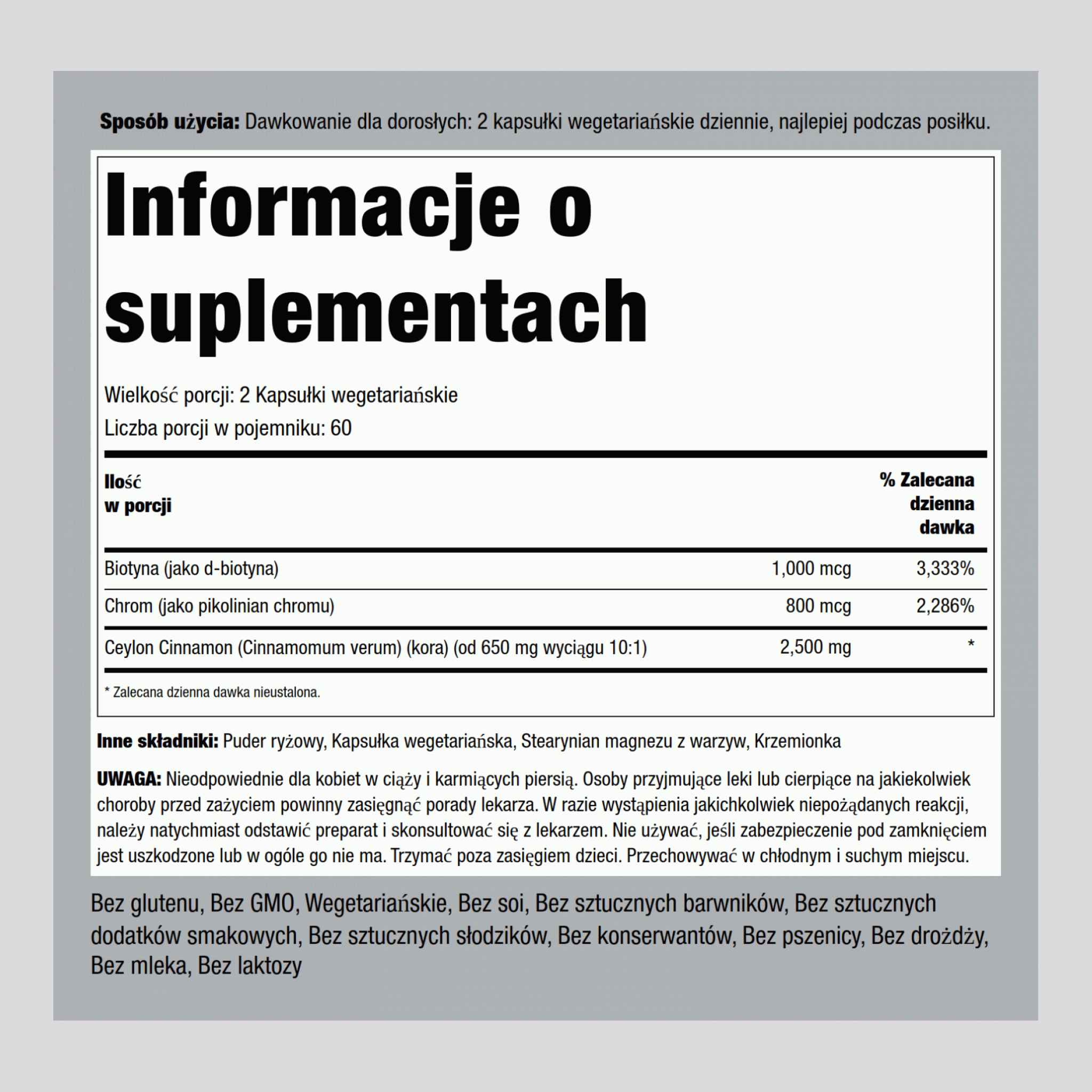 Super kompleks z cynamonem, chromem i biotyną 2500 mg (na porcję) 120 Kapsułki wegetariańskie     