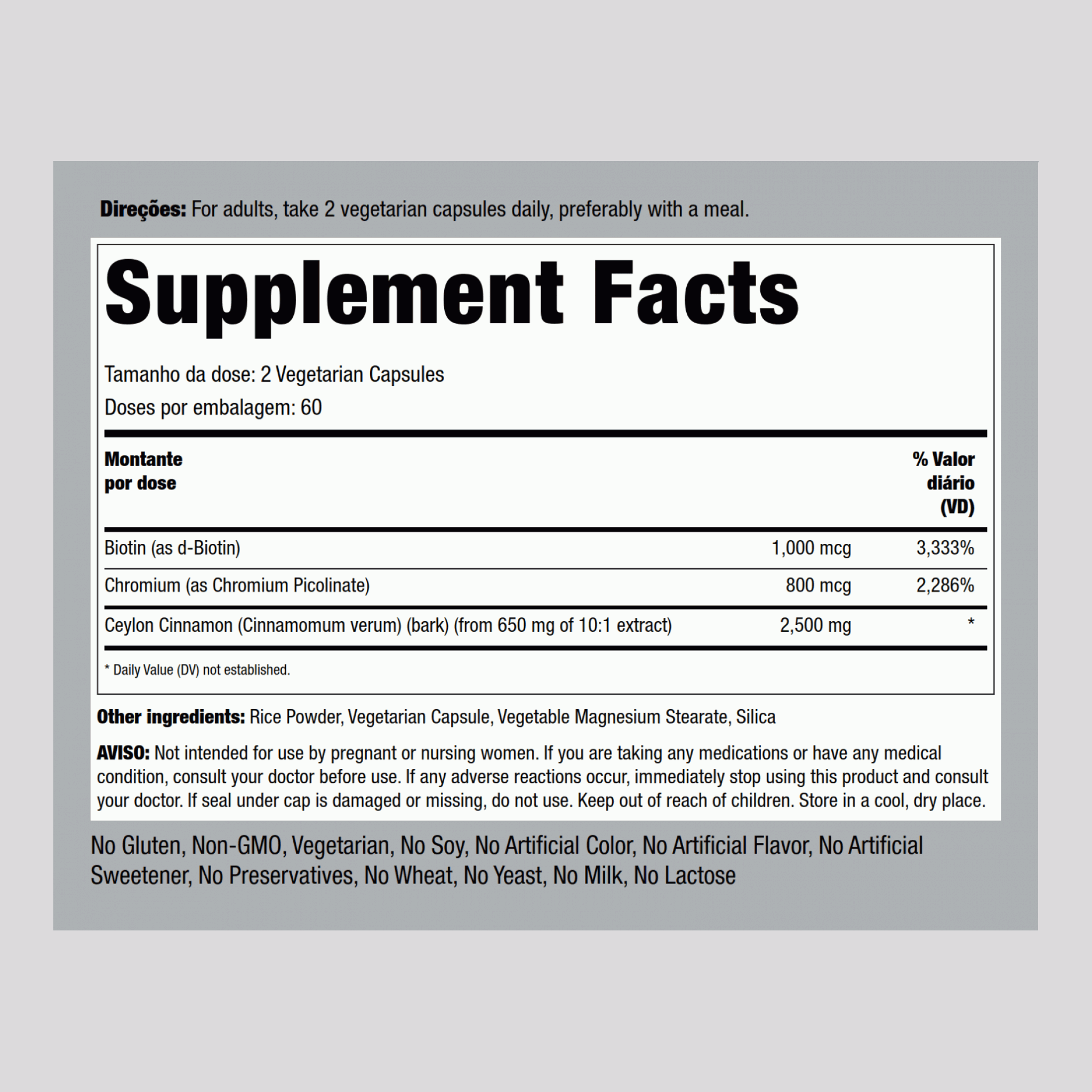 Super complexo de canela c/ Cromo e Biotina 2500 mg (por dose) 120 Cápsulas vegetarianas     