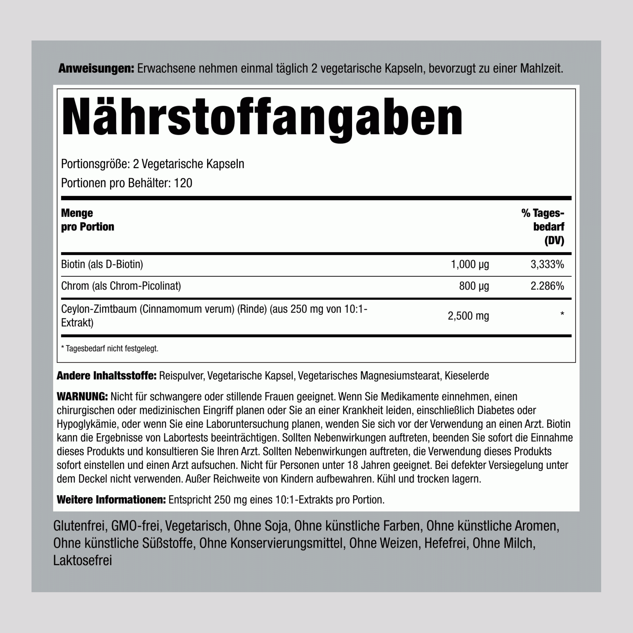 Super-Zimt-Komplex mit Chrom u. Biotin 2500 mg (pro Portion) 240 Vegetarische Kapseln     