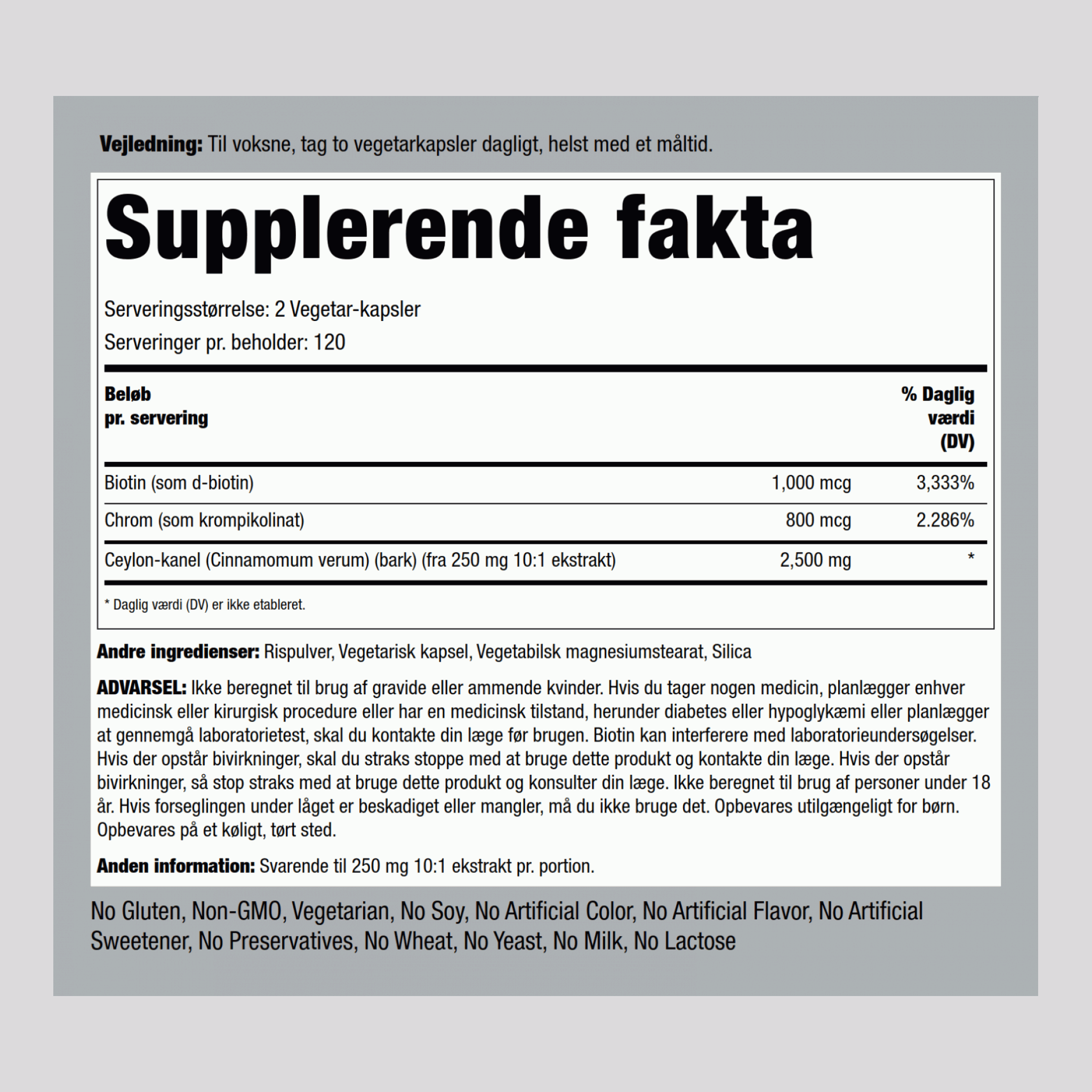 Super Cinnamon (Kanel) Complex m/krom og biotin 2500 mg (pr. dosering) 240 Vegetar-kapsler     