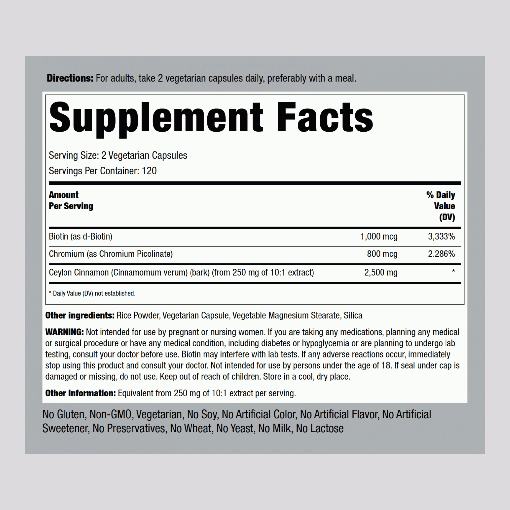 超級肉桂複合膠囊（含鉻 & 生物素） 2500 毫克 (每份) 240 素食專用膠囊     