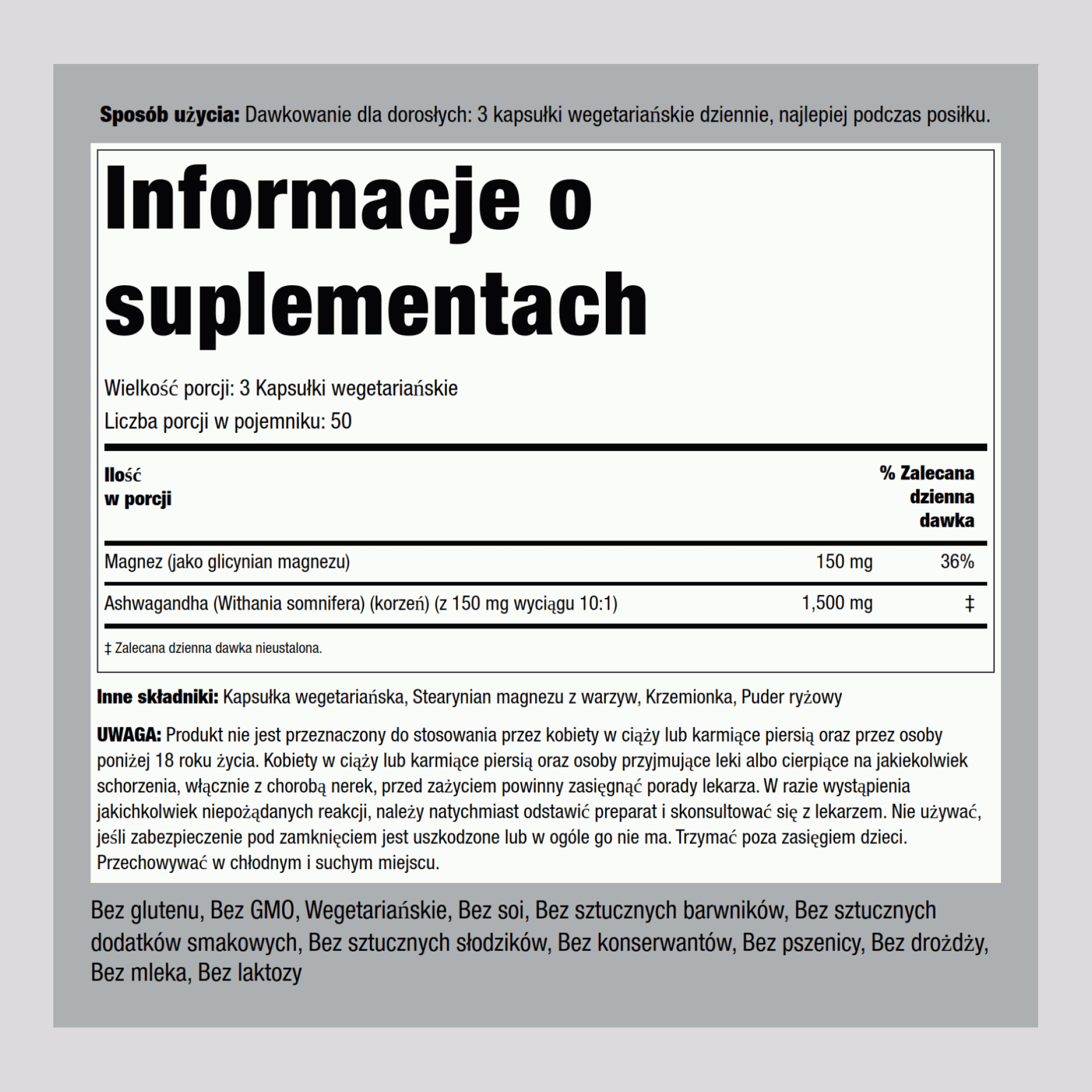 Glicynian magnezu + Ashwagandha 150 Kapsułki wegetariańskie 2 Butelki    