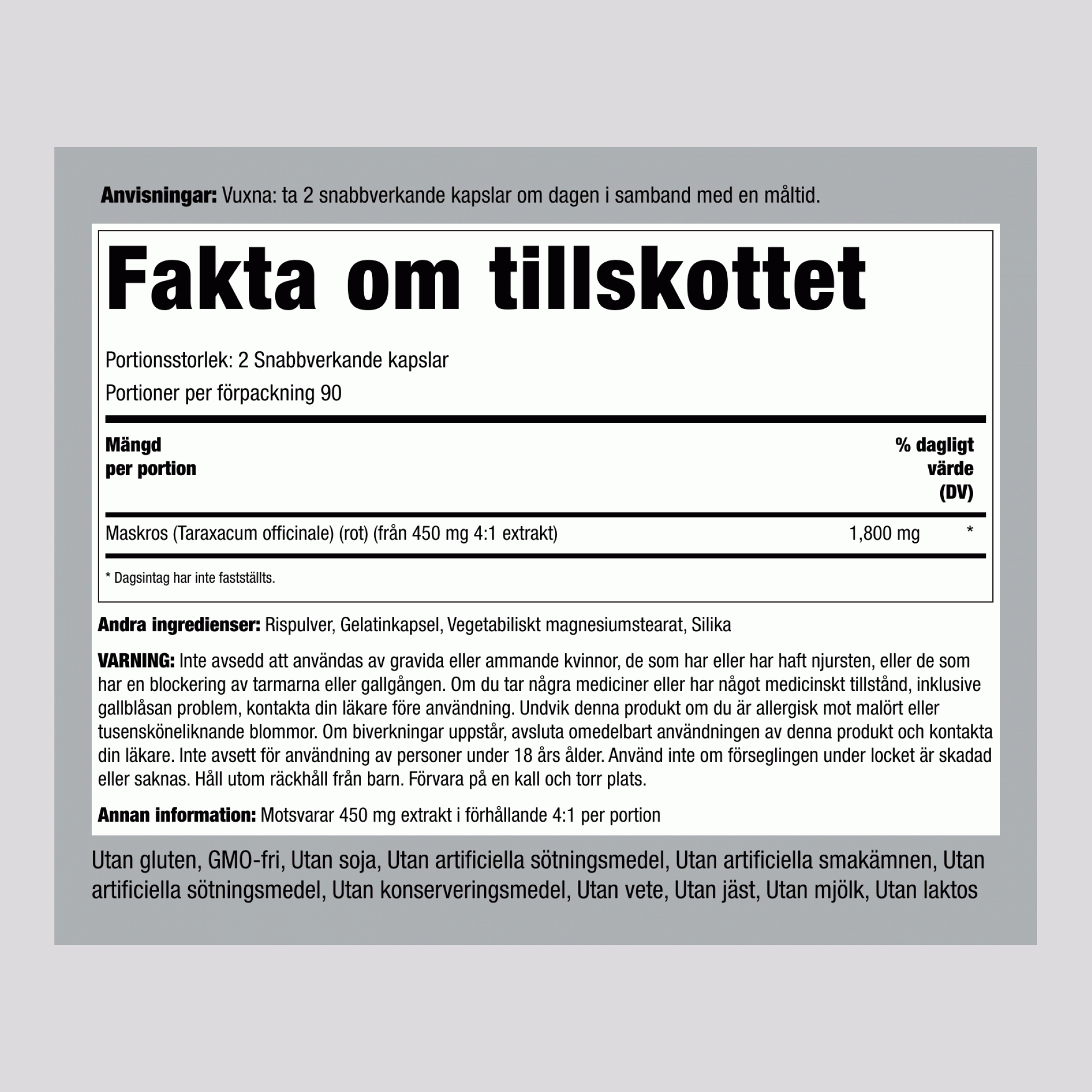 Maskrosrot  1800 mg (per portion) 180 Snabbverkande kapslar     