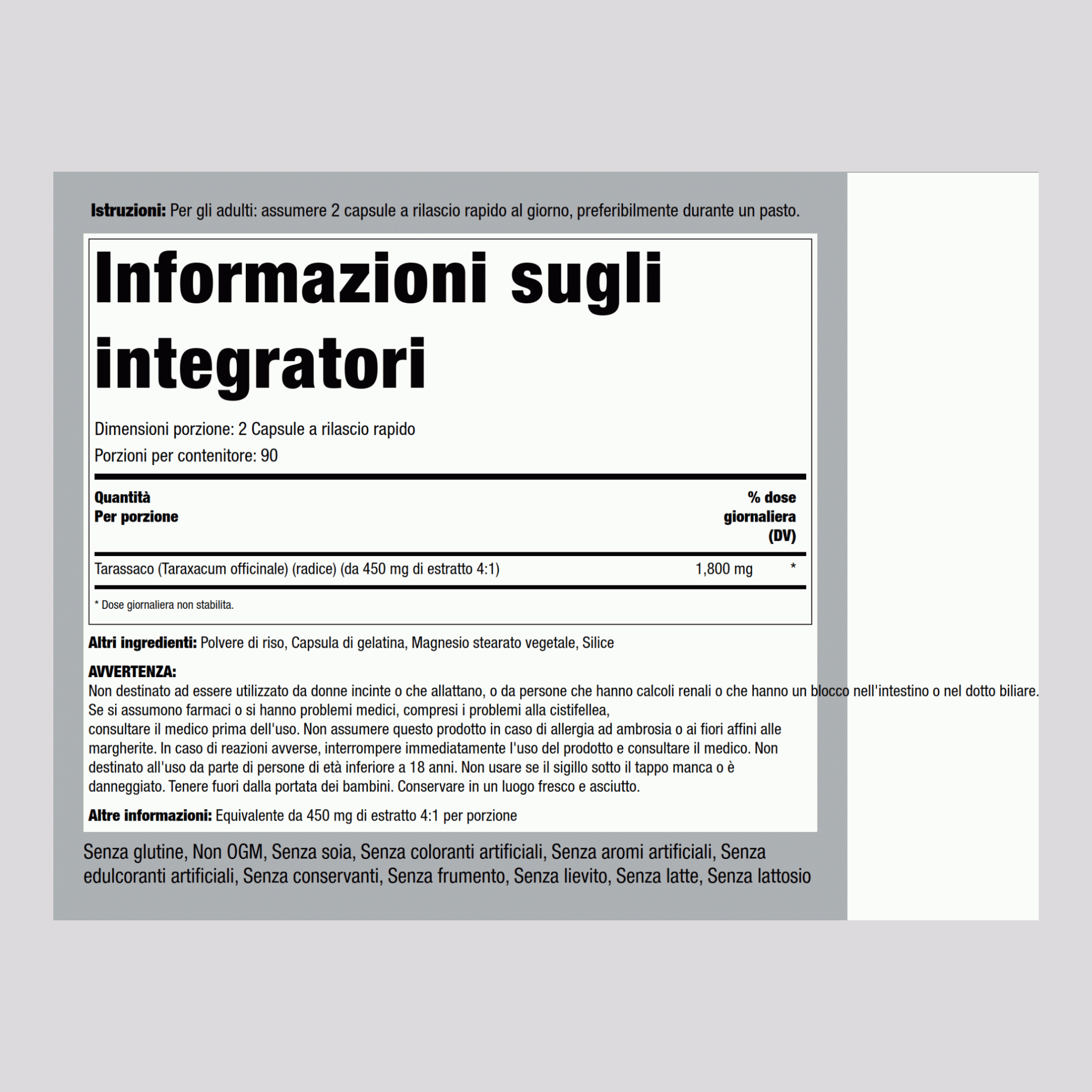 Radice di tarassaco  1800 mg (per dose) 180 Capsule a rilascio rapido     