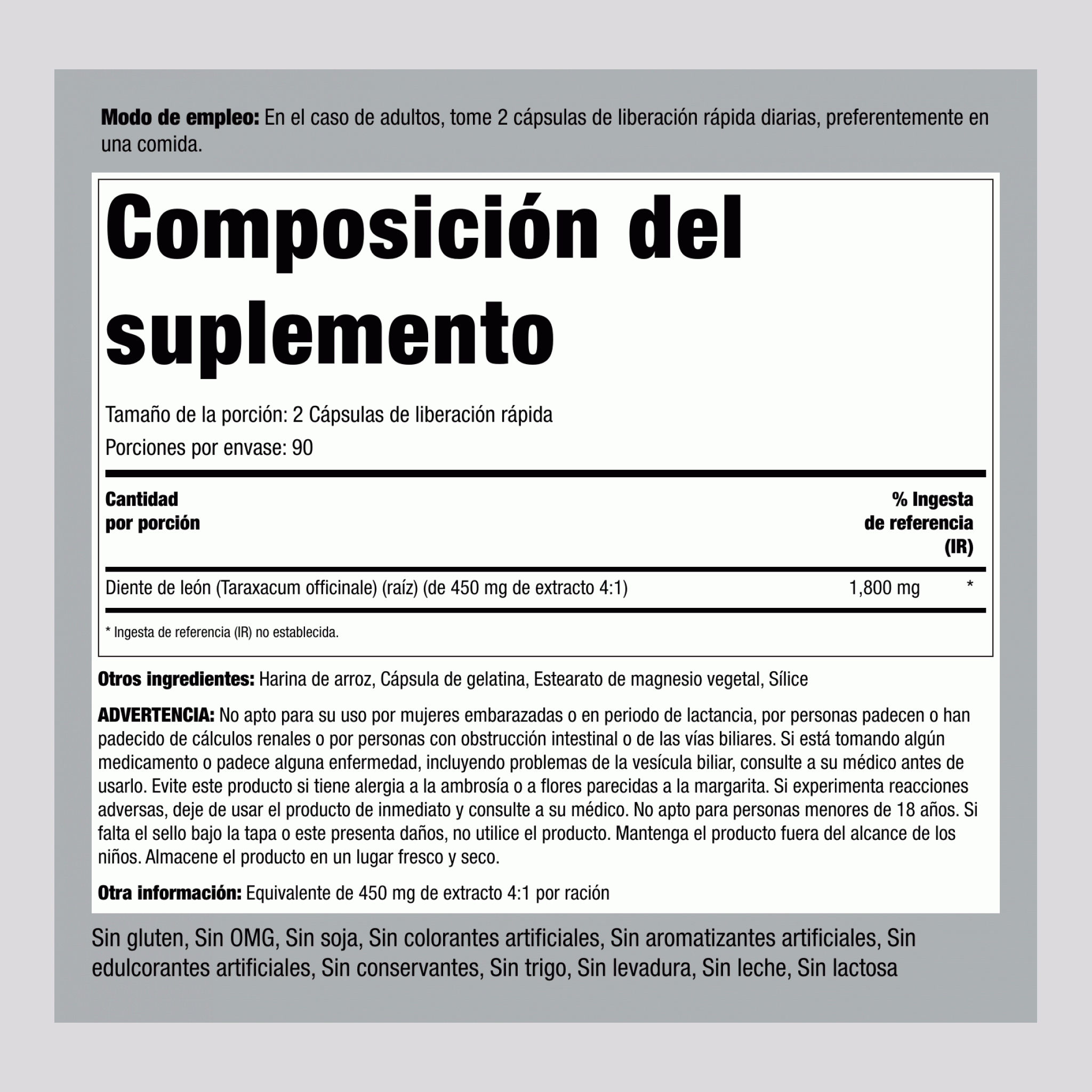Raíz de diente de león  1800 mg (por porción) 180 Cápsulas de liberación rápida 2 Botellas/Frascos   