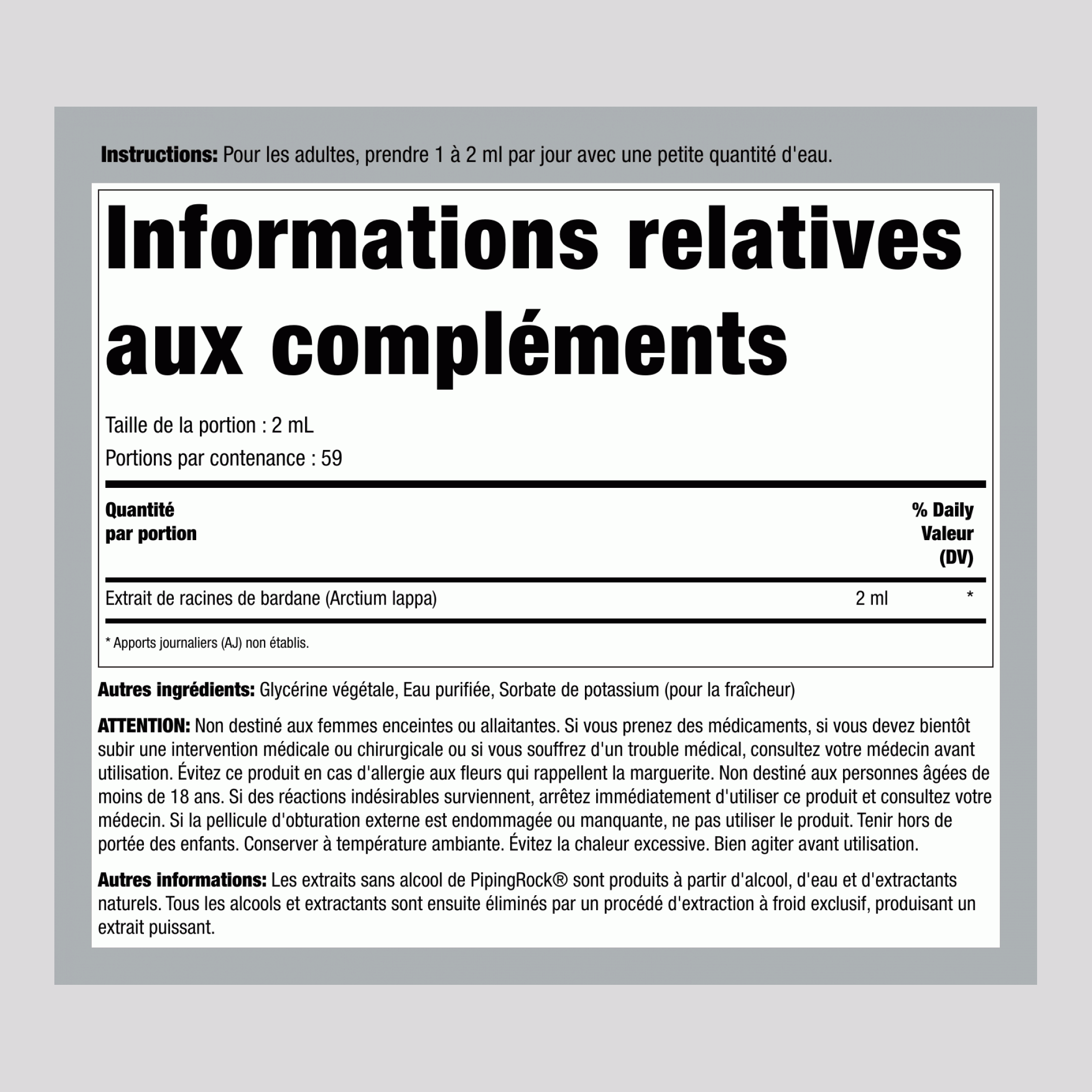 Extrait liquide de racine de bardane sans alcool 4 onces liquides 118 ml   