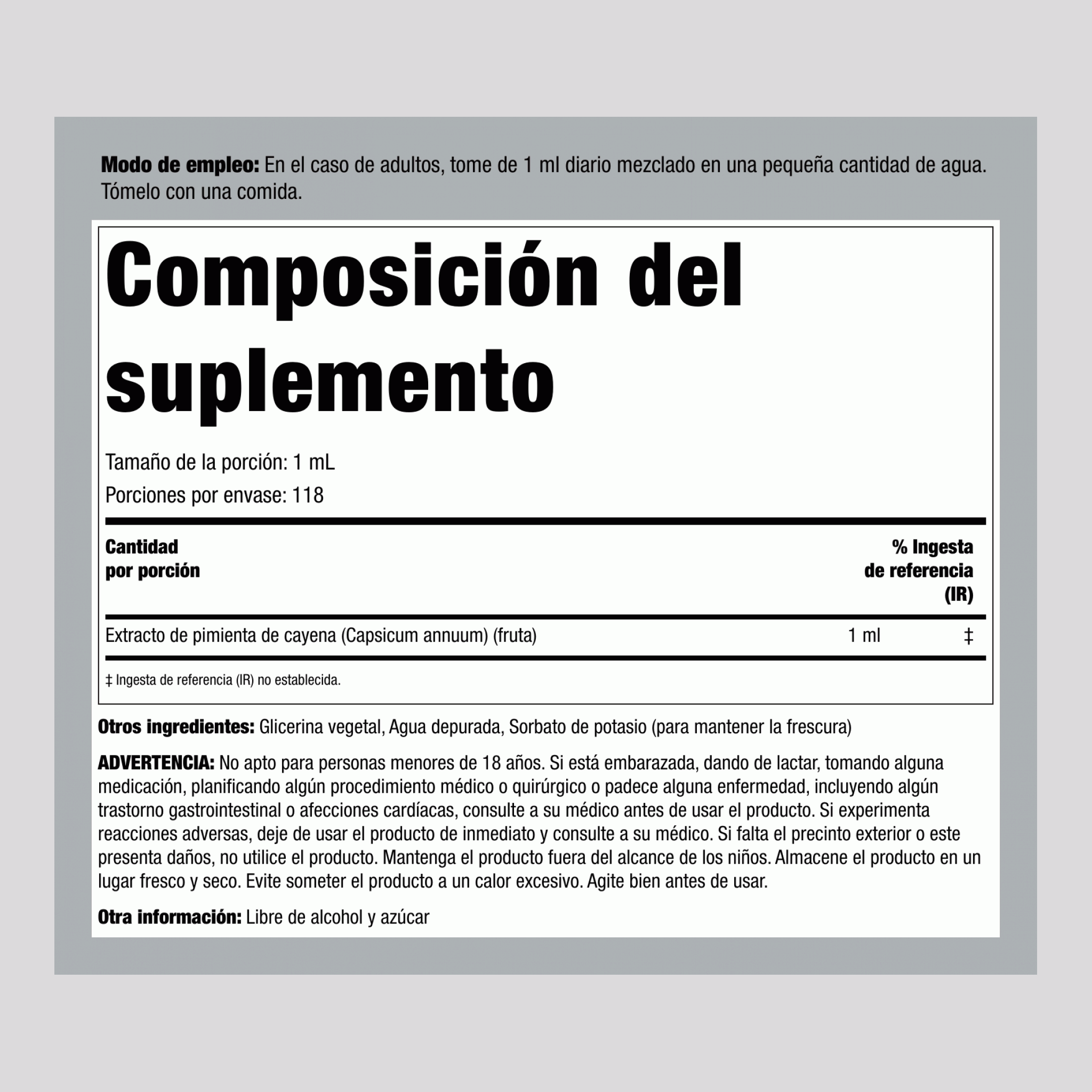 Extracto líquido de cayena sin alcohol