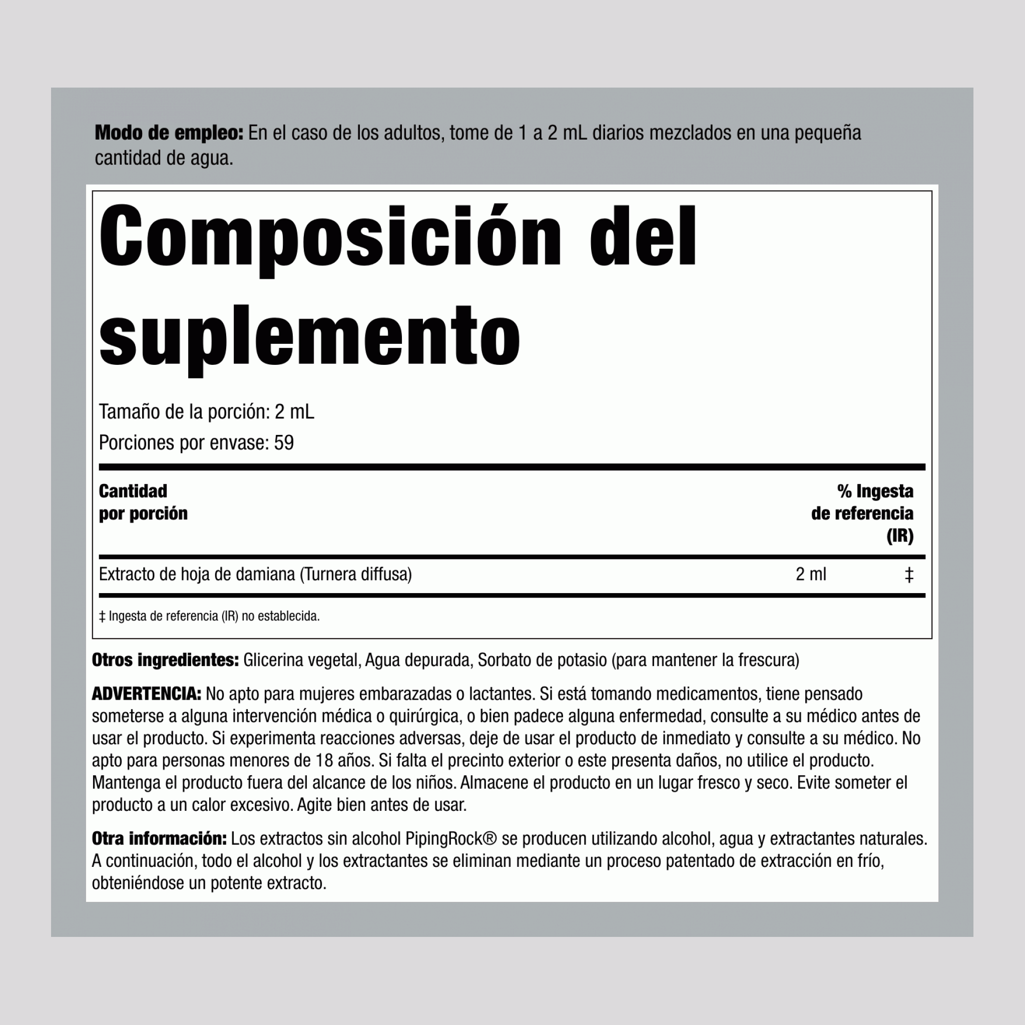 Extracto líquido de hoja de damiana, sin alcohol 4 fl oz 118 ml Frasco con dosificador   