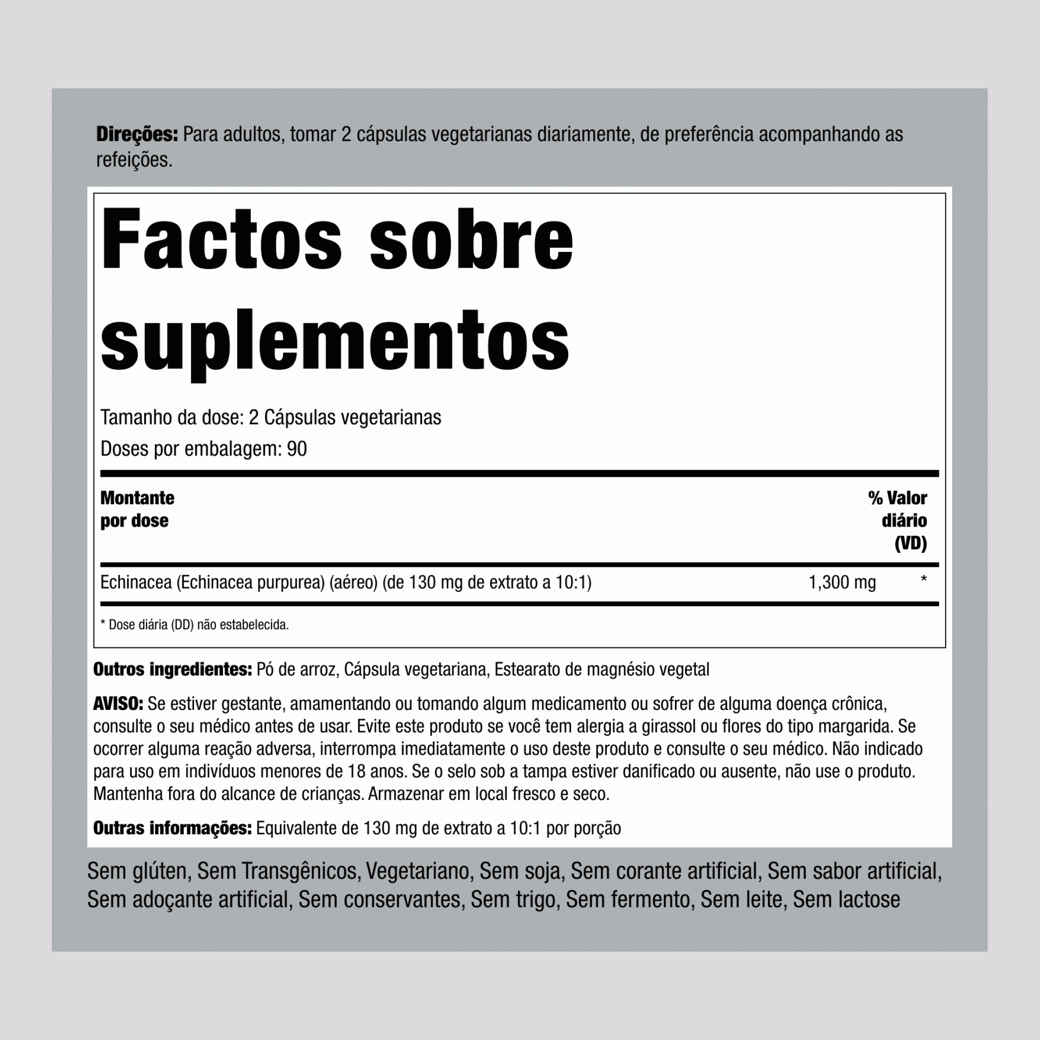 Equinácea 1300 mg (por dose) 180 Cápsulas vegetarianas     