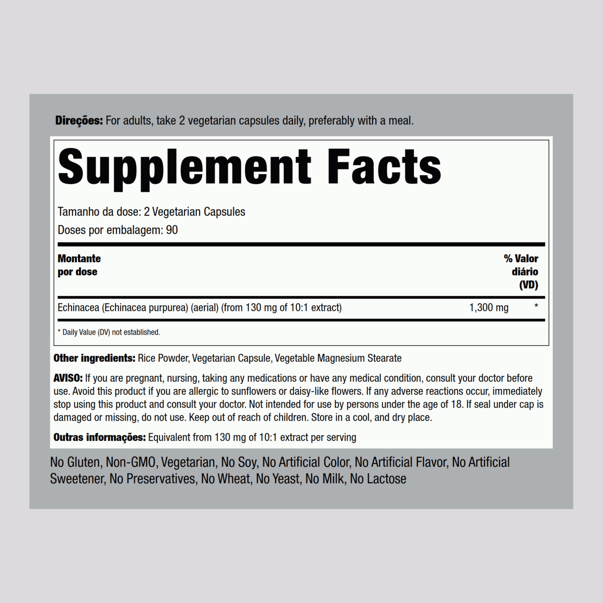 Equinácea 1300 mg (por dose) 180 Cápsulas vegetarianas     