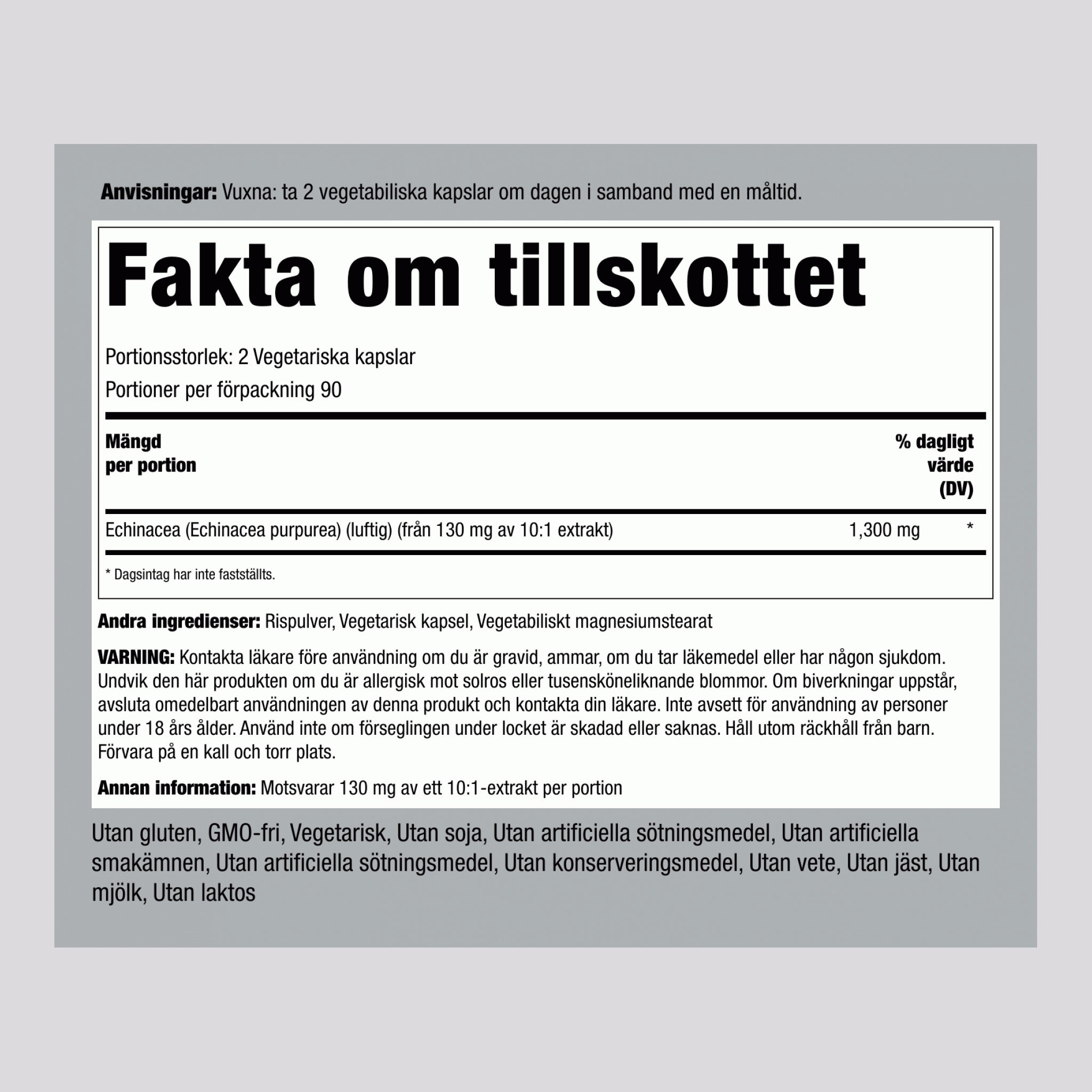 Echinacea 1300 mg (per portion) 180 Vegetariska kapslar     