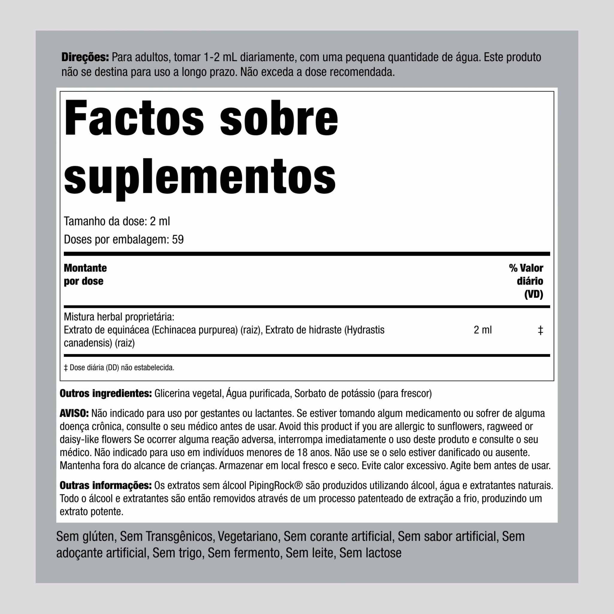 Extrato líquido de equinácea, hidraste e glicerina sem álcool 4 fl oz 118 ml Frasco conta-gotas  