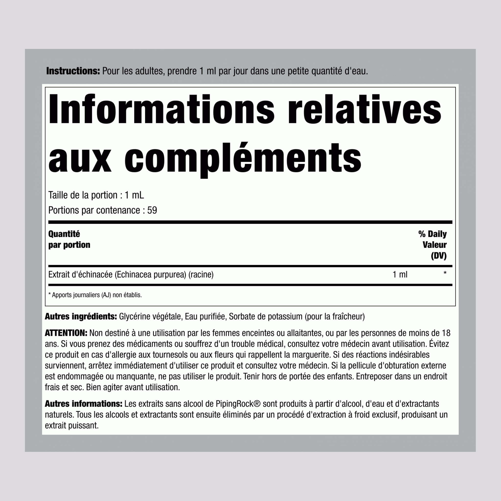 Extrait liquide d’échinacée Sans alcool  4 onces liquides 118 ml Compte-gouttes en verre   