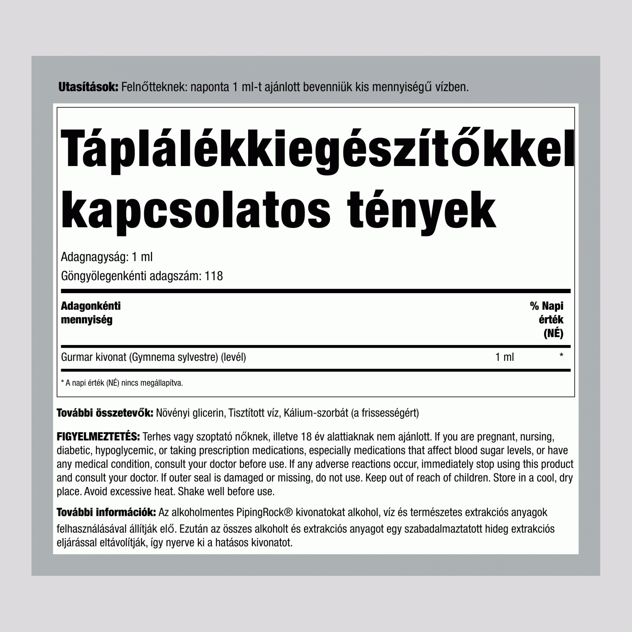 Gymnema Sylvestre levél folyékony kivonat alkoholmentes, 118 ml-es (4 fl oz) cseppentős üvegben