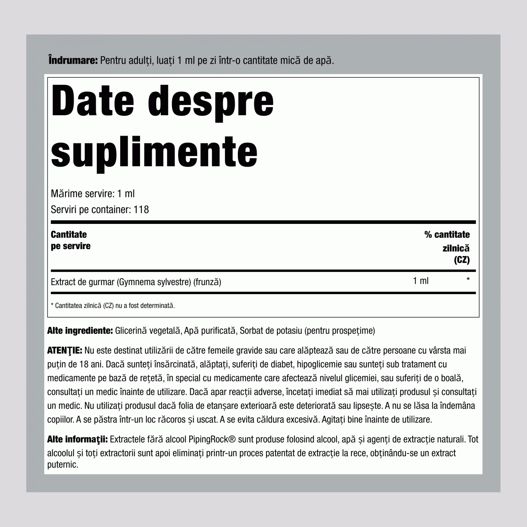 Extract lichid din frunze de Gymnema Sylvestre fără alcool, 118 mL (4 fl oz) sticlă cu pipetă