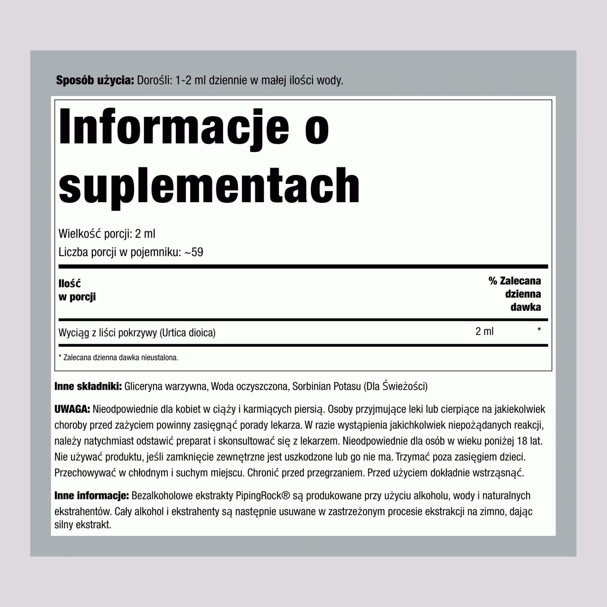 Płynny ekstrakt z liści pokrzywy bez alkoholu, butelka z kroplomierzem 118 ml