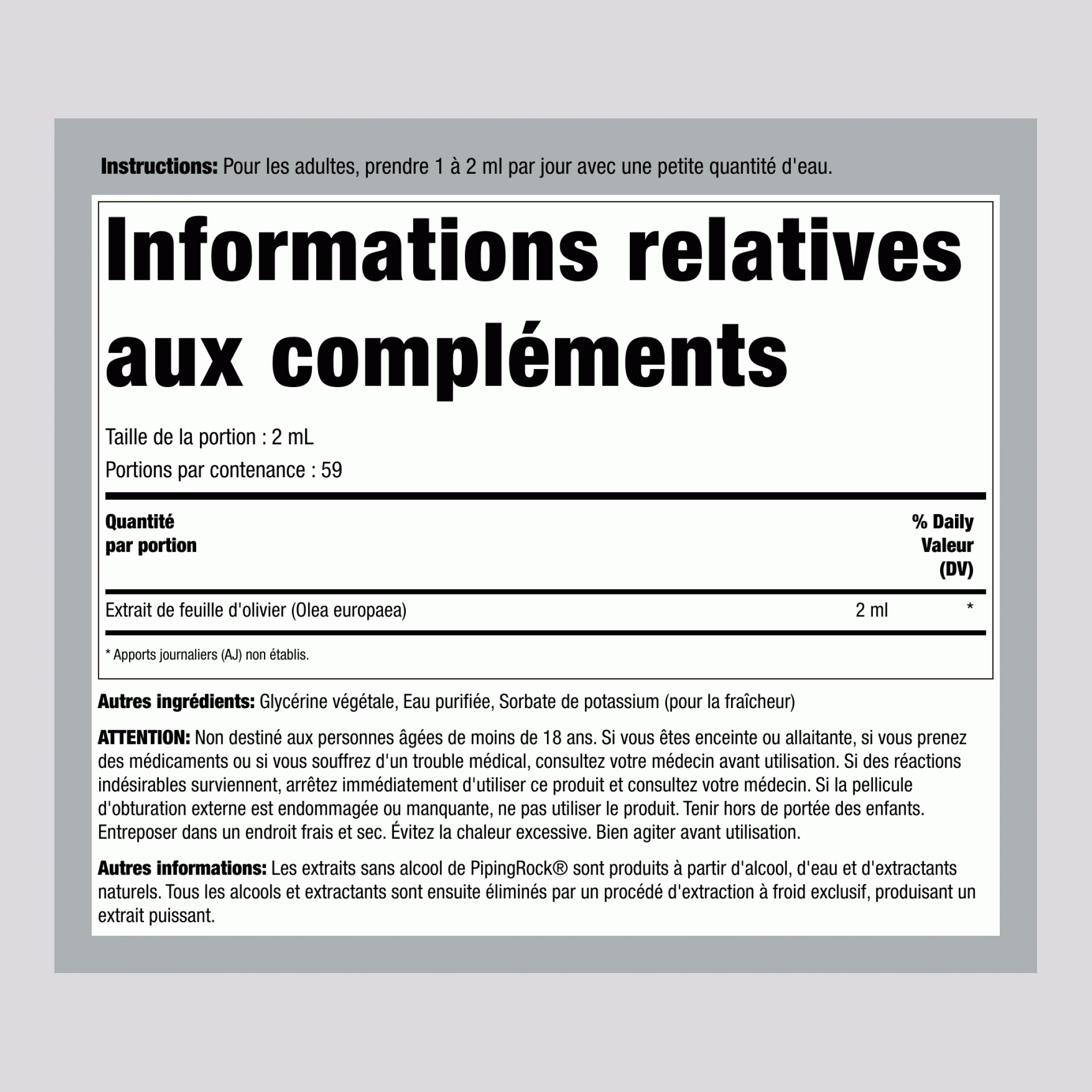 Extrait liquide de feuille d'olivier sans alcool 4 onces liquides 118 ml Compte-gouttes en verre