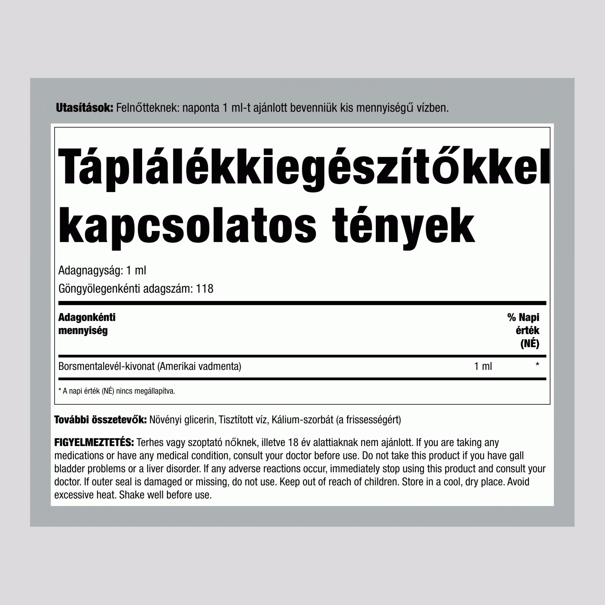 Borsmentalevél folyékony kivonat alkoholmentes, 4 fl oz (118 mL) cseppentős üveg